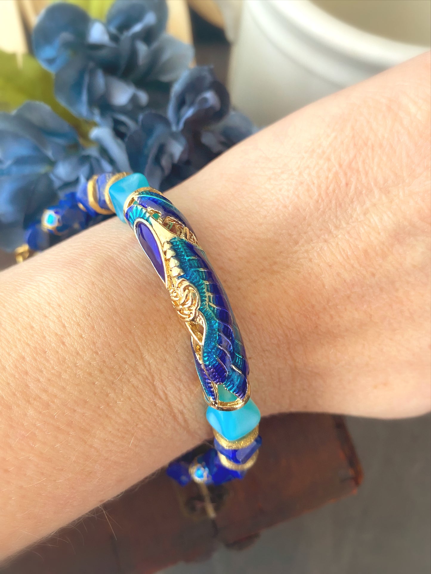 Peacock bracelet. Lapis lazuli stone,  enamel cuff, czech glass, bracelet, jewelry