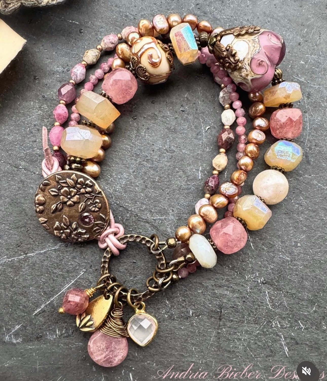 Pink cherry blossom. handmade lampwork glass, AB moonstone, strawberry quartz, pink tourmaline, topaz pearls, cherry blossom button, pink leather, bracelet. MTO.