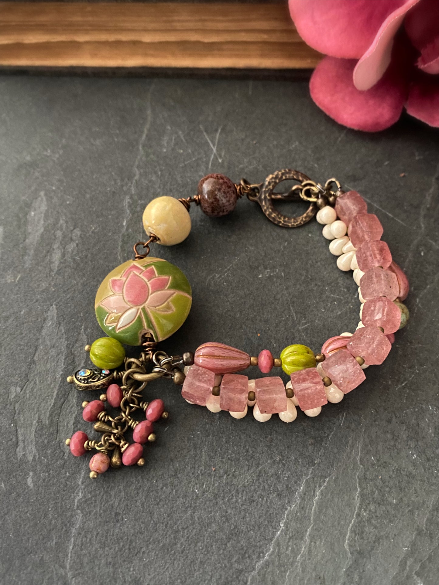 Lotus flower ceramic, strawberry, quartz , Czech glass, bronze metal, bracelet, jewelry