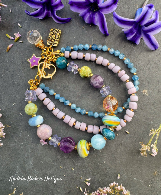 handmade lamp work glass, blue opal, fluorite, citrine, aquamarine, amethyst, ioilite, java glass, bracelet