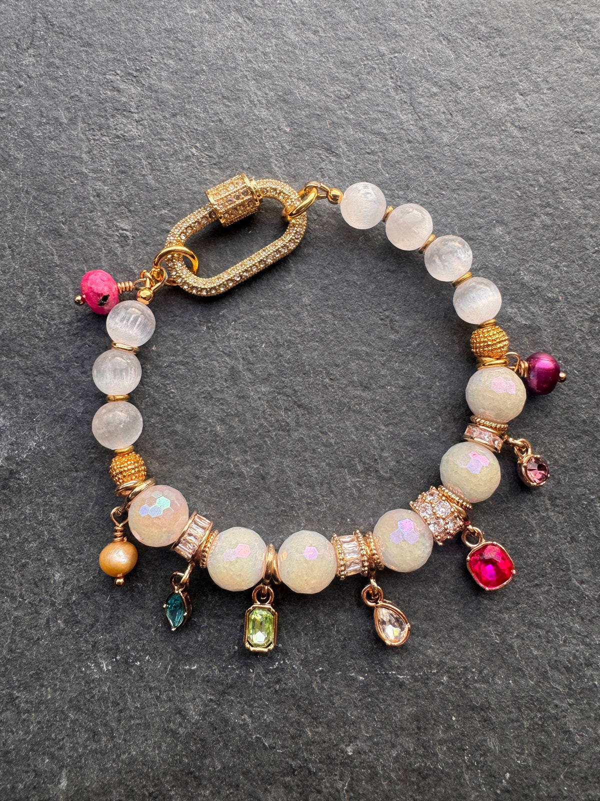 Faceted moonstone, selenite stone, mixed crystal gems, rhinestone clasp, bracelet