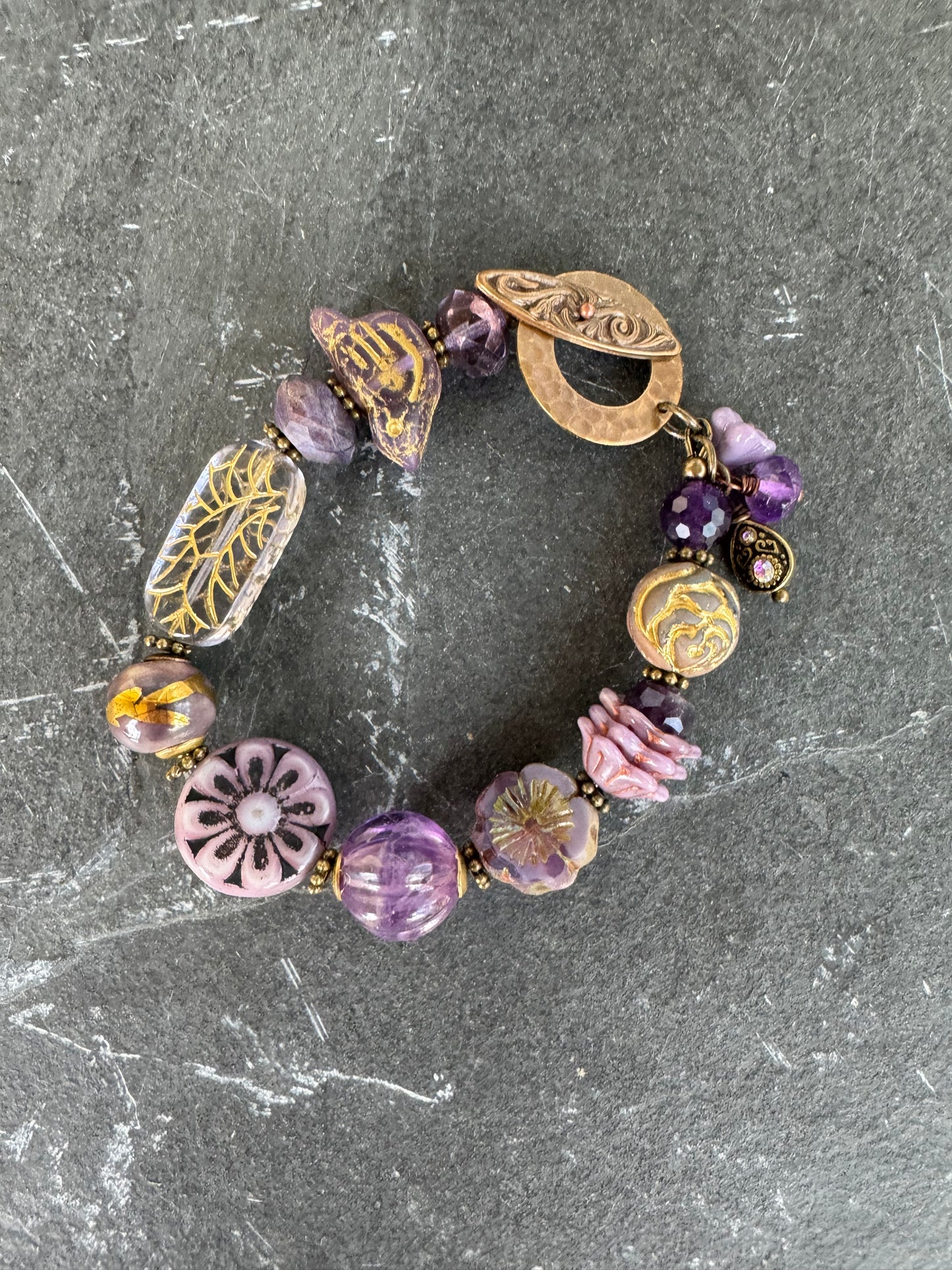 Amethyst stone, czech glass, brass, bracelet.