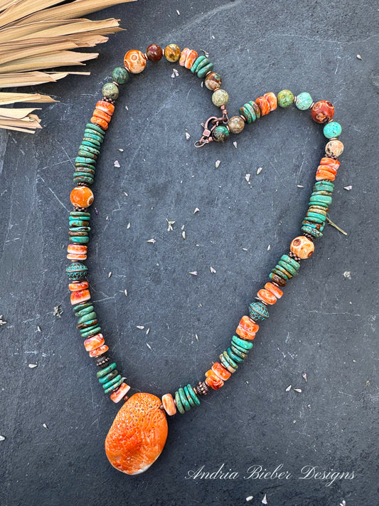 Hubei turquoise, spiny oyster, Peruvian Pine stone, copper metal, necklace