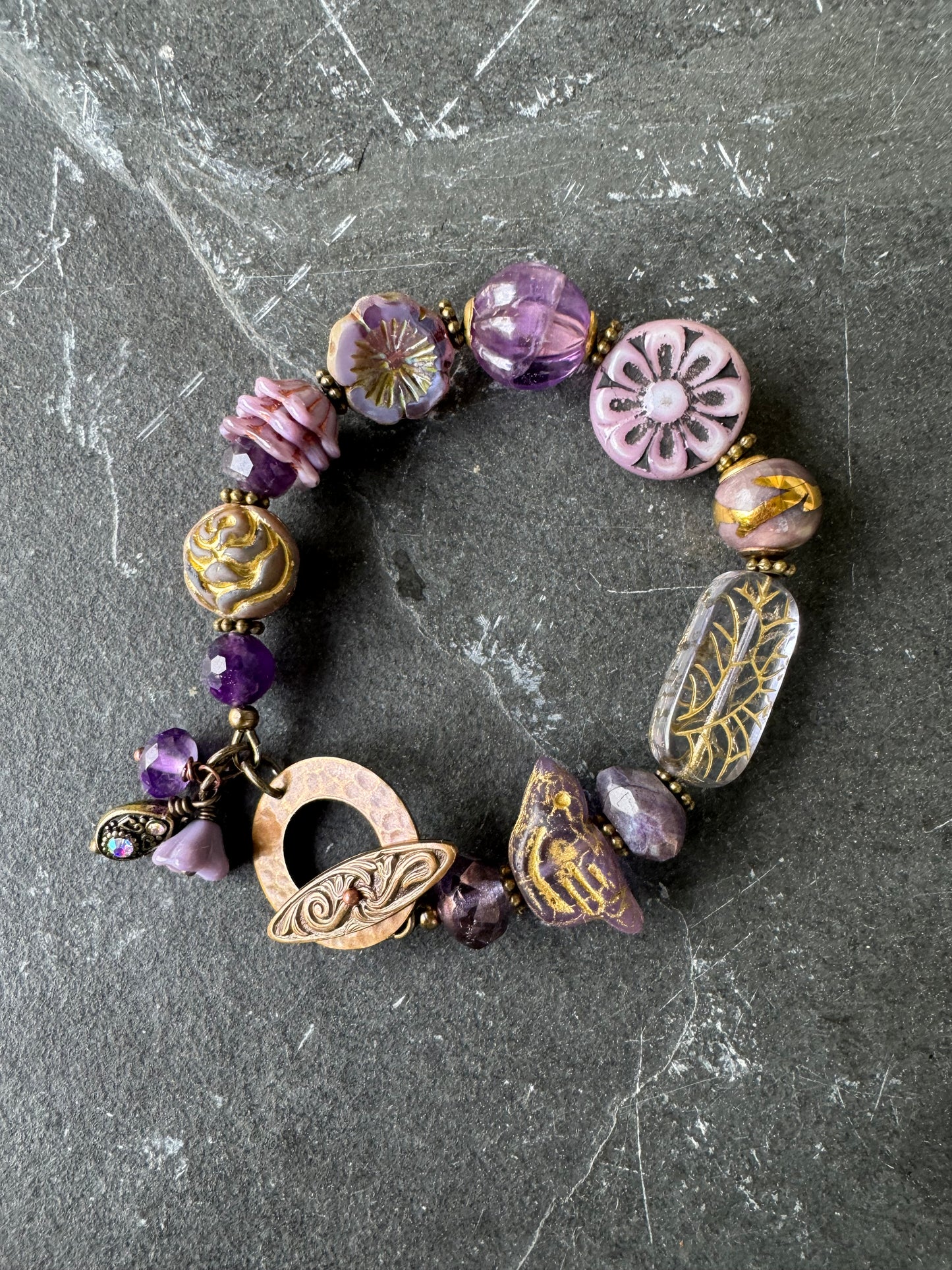 Amethyst stone, czech glass, brass, bracelet.