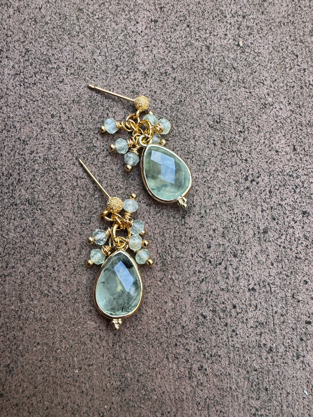 Prehnite stone, gold metal, drop, earrings