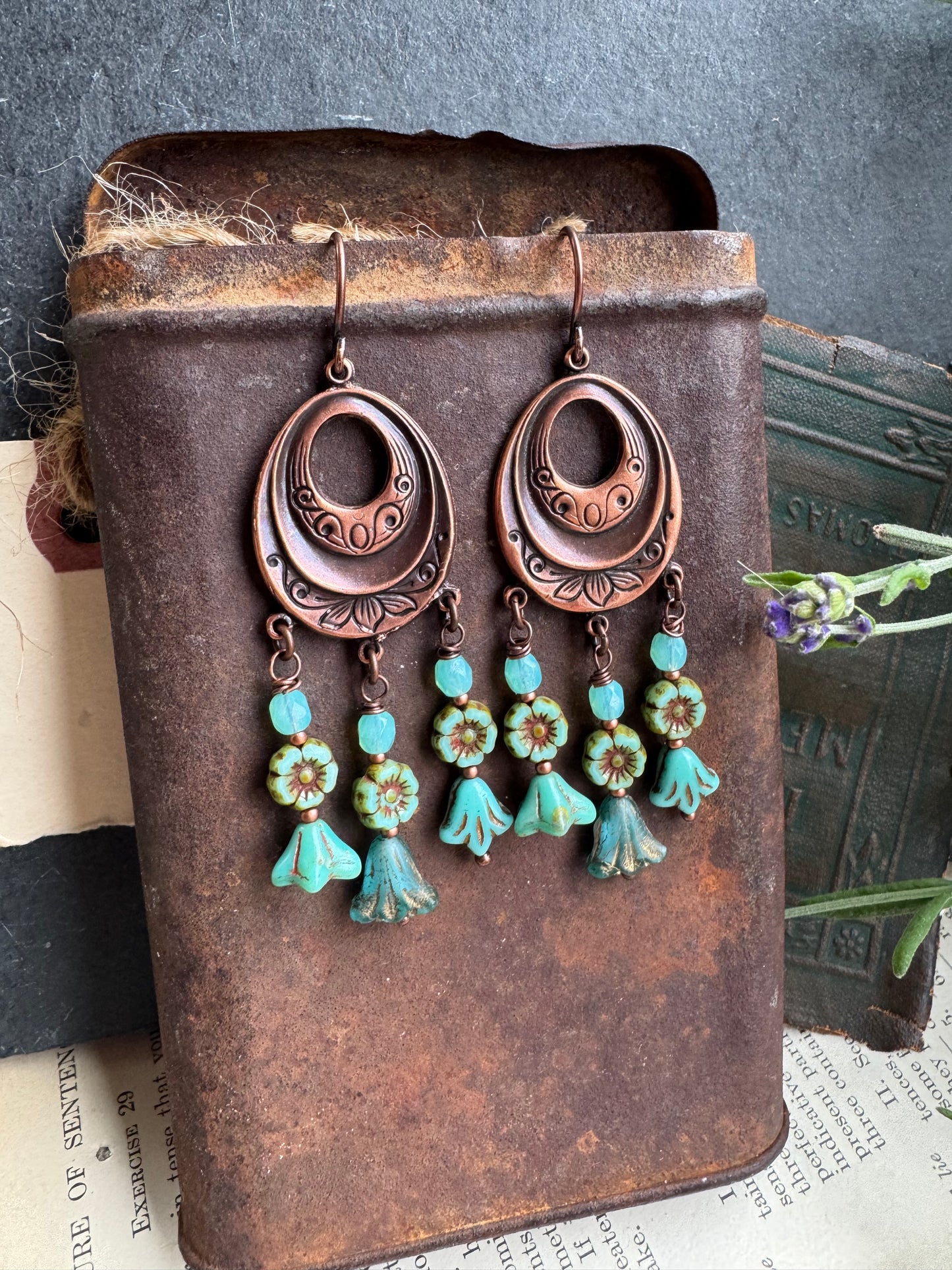 Floral copper detailed charms, Czech glass, copper earrings