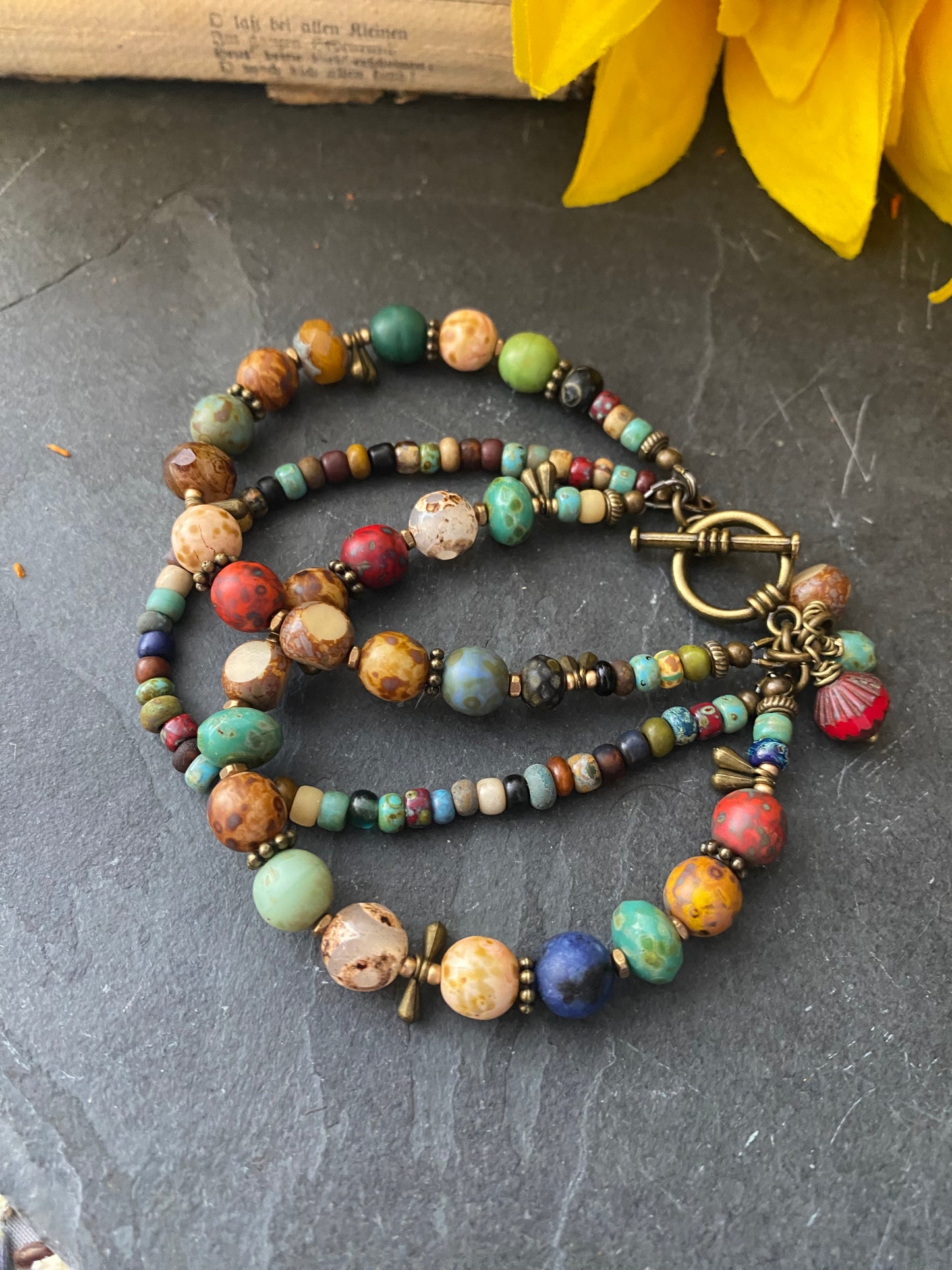 Namaste. Czech glass, agate stone, multi strand, bronze metal bracelet. - Andria Bieber Designs