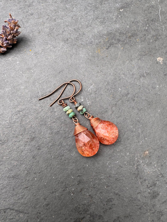 Sunstone, turquoise, copper metal, earrings