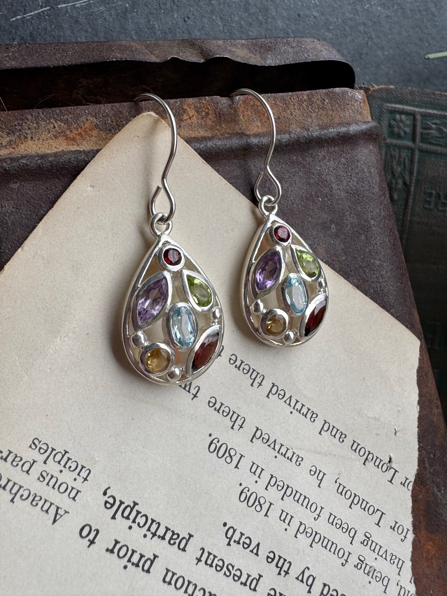 Sterling silver earrings. Garnet, amethyst, peridot, aquamarine stone mix.