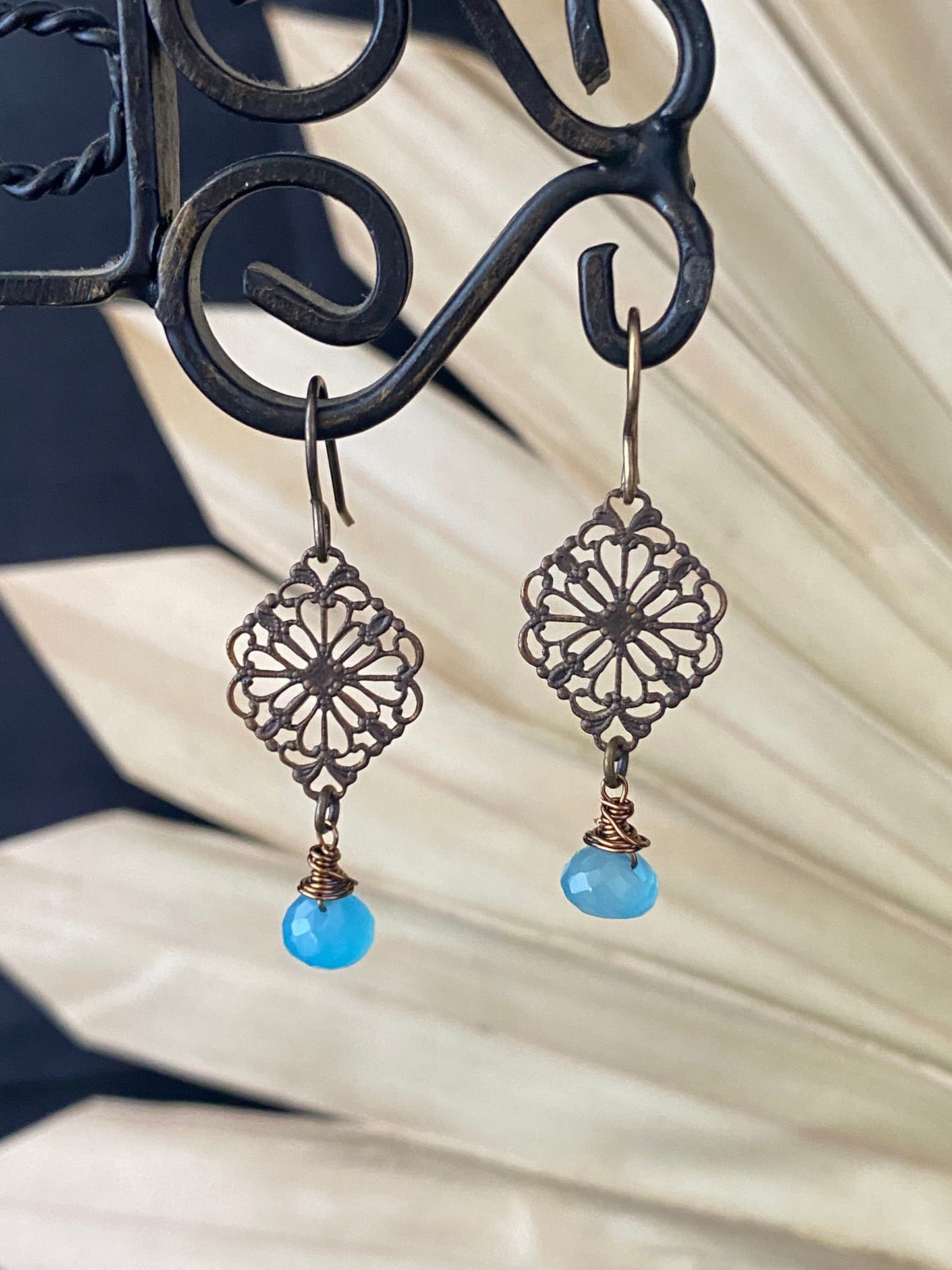 Blue chalcedony briolette drops, filigree bronze metal, earrings.