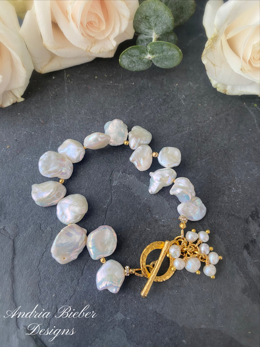 White Baroque Pearl Beads, Natural Freshwater, 10k gold metal, bracelet