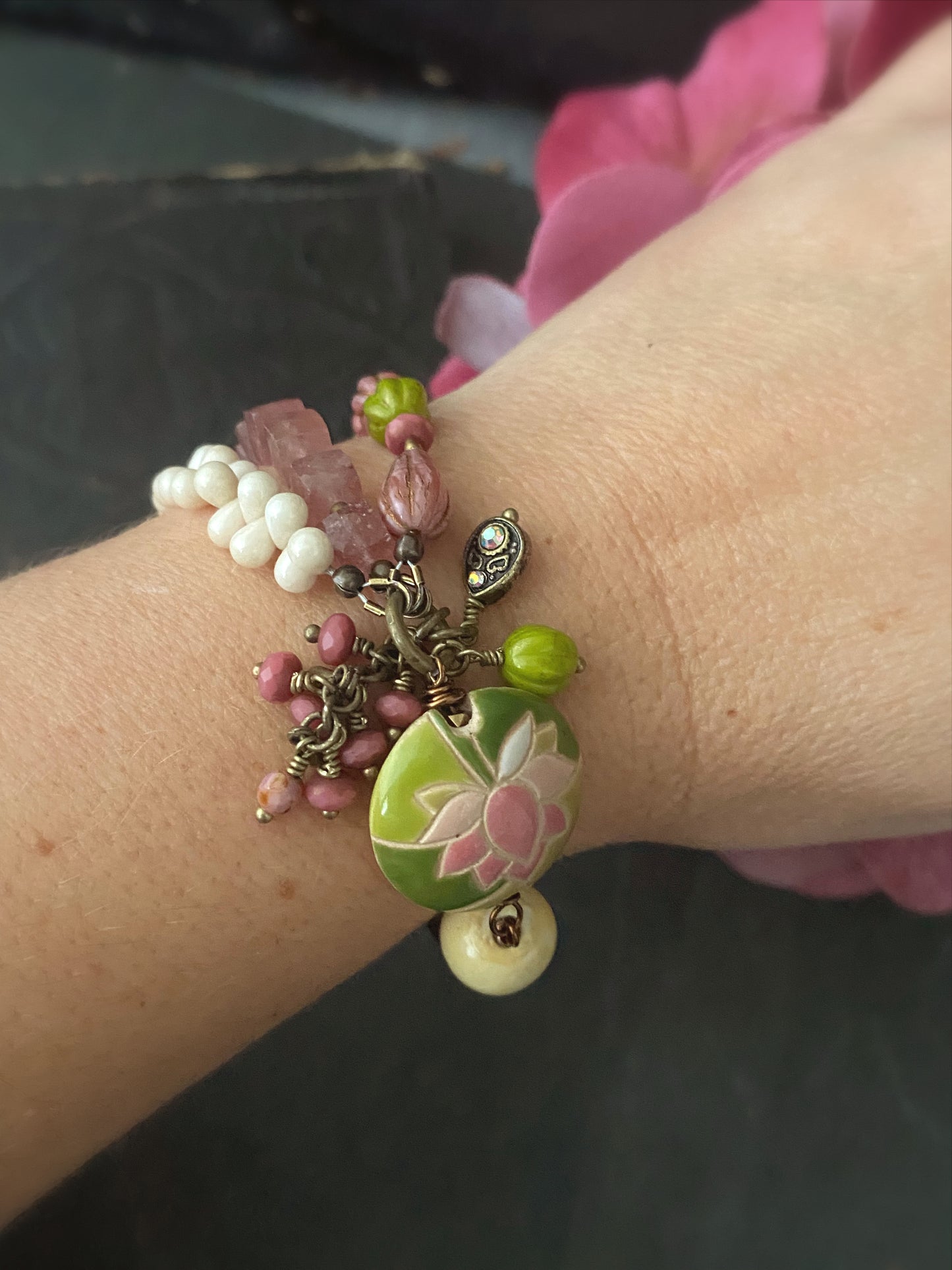 Lotus flower ceramic, strawberry, quartz , Czech glass, bronze metal, bracelet, jewelry