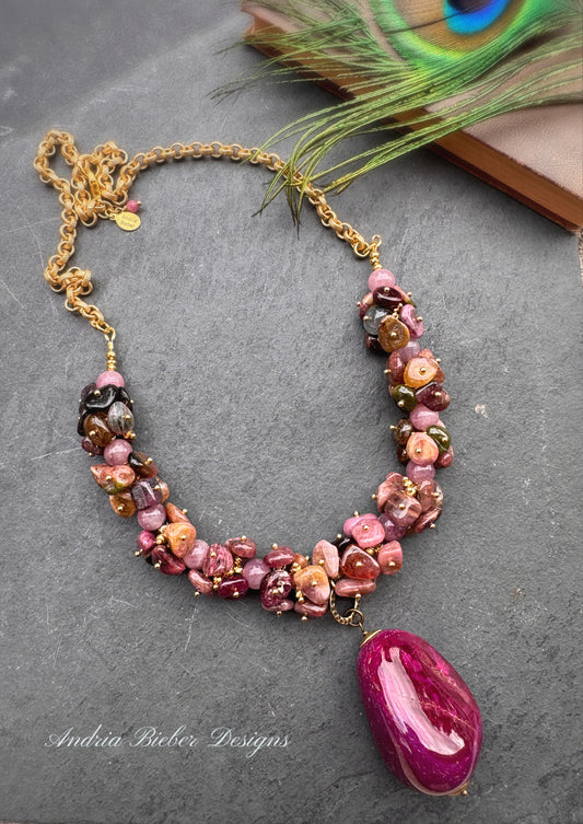 Watermelon tourmaline stone, agate pendant, gold metal, necklace