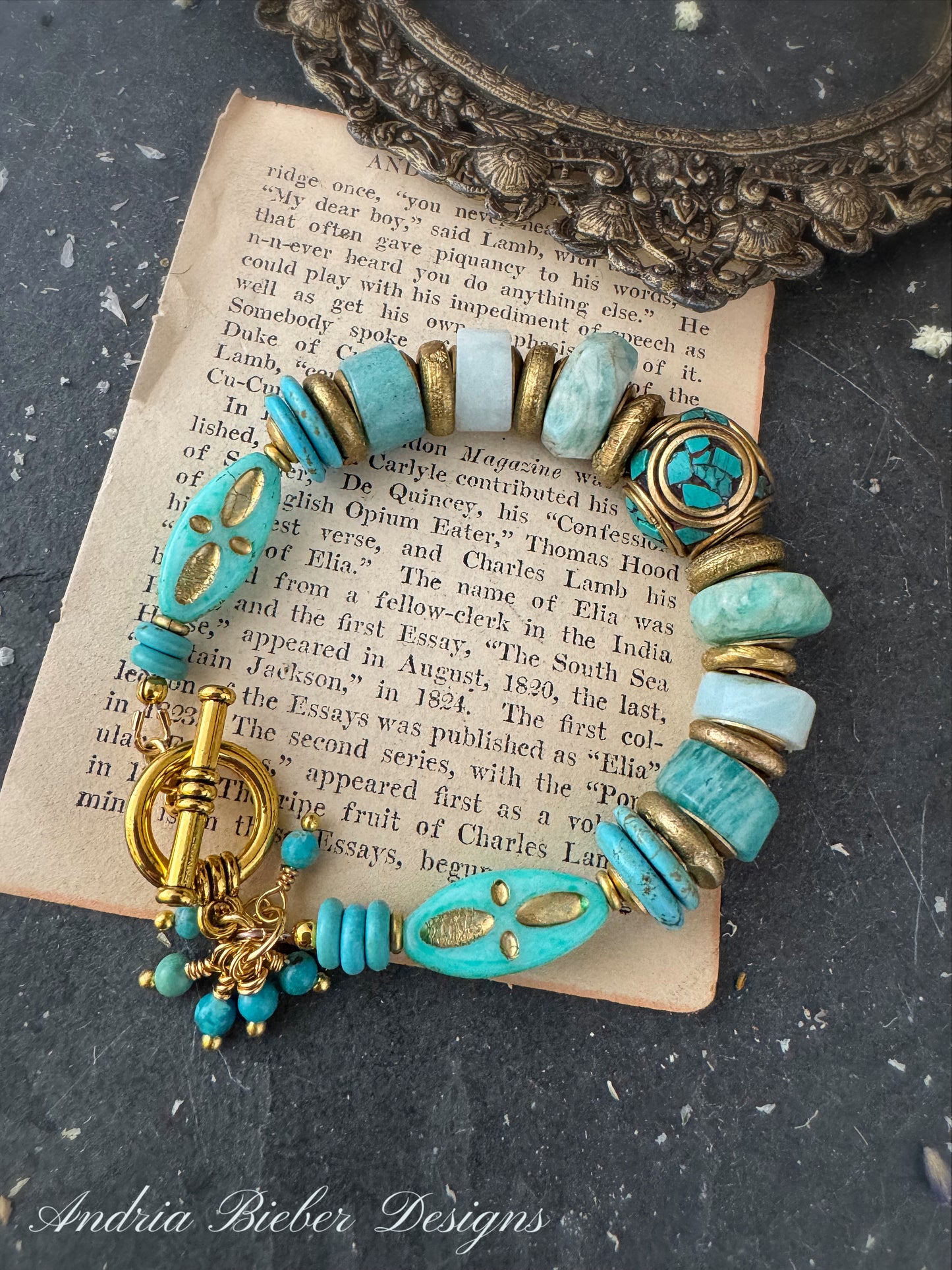 Amazonite stone, turquoise, african brass, bracelet.