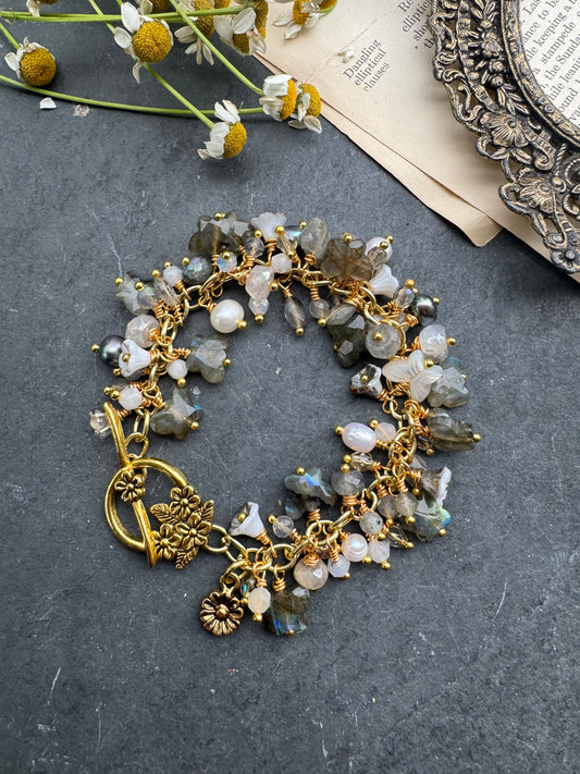 Labradorite, pearls, Czech glass, moonstone, gold metal, butterfly bracelet.