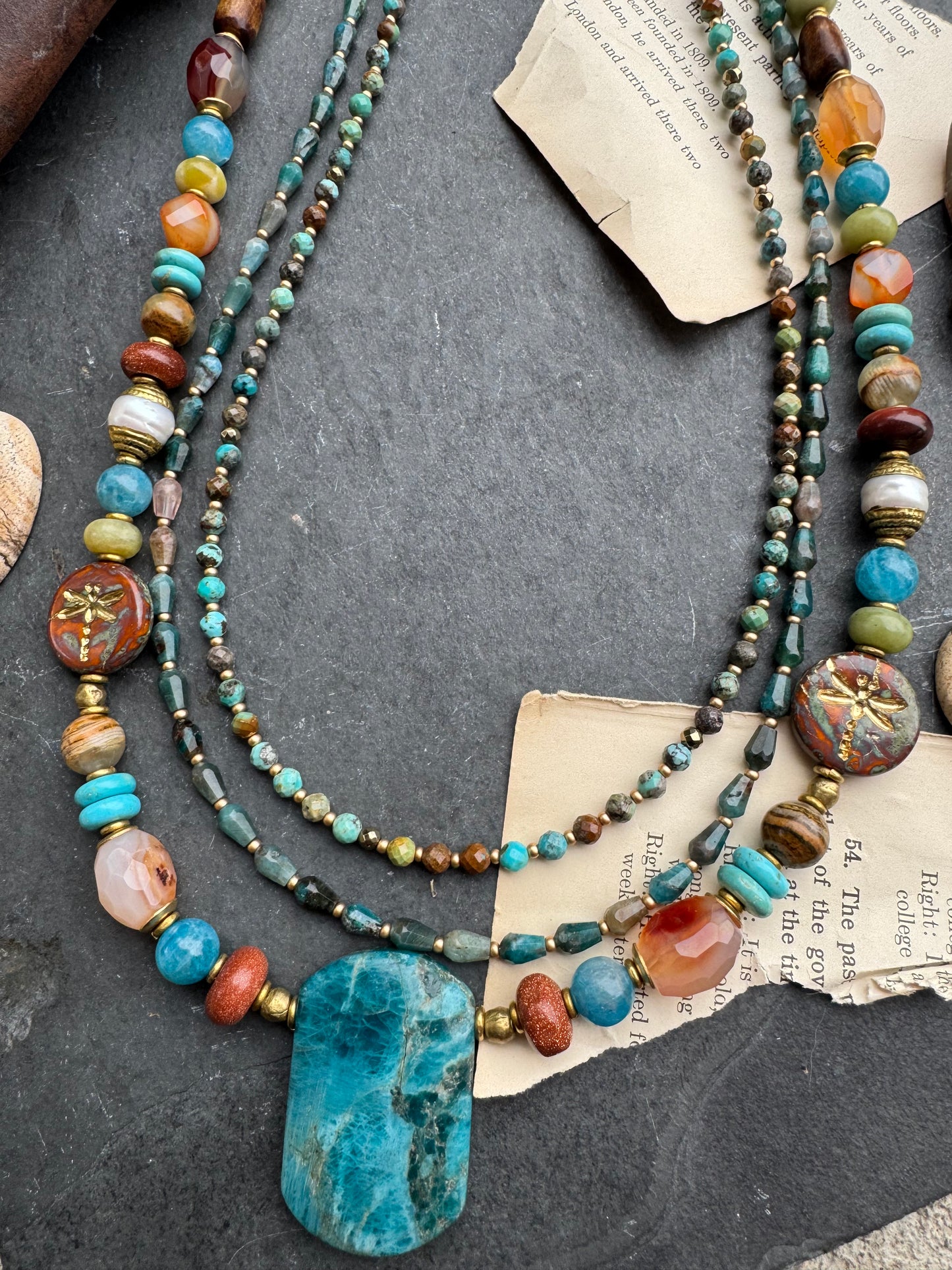 Apatite, Carnelian agate, Sunstone, turquoise, olivine, Aquatine Lemurian Blue Calcite, Czech glass, pearls, hematite, wood, African brass, necklace, jewelry