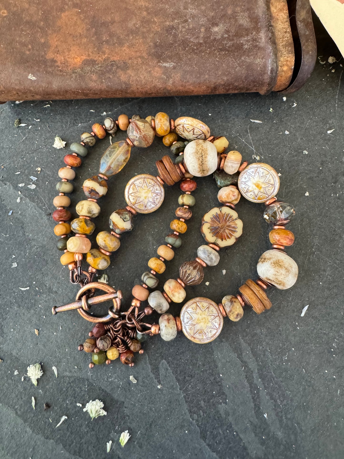 Jasper, crazy lace agate, ceramic,copper metal, bracelet.
