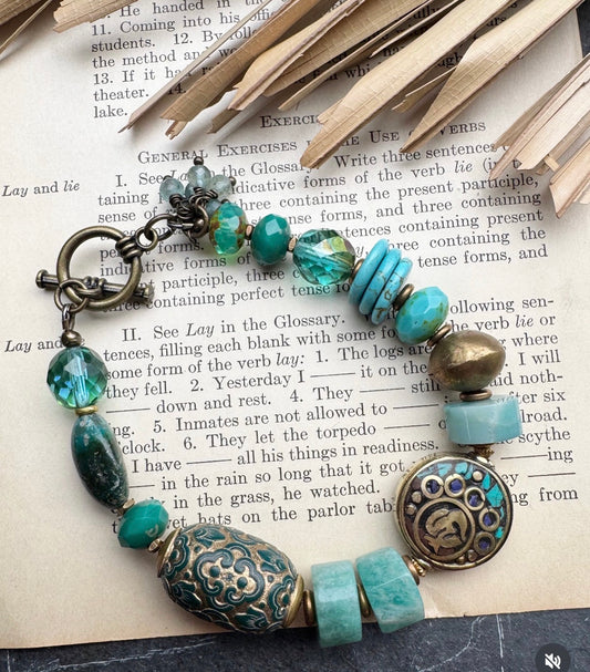 Amazonite stone, Nepal bead, turquoise stone, Czech glass, bronze metal, bracelet