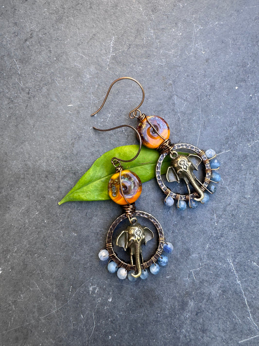 Blue kyanite, handmade lampwork glass, elephant charms, brass metal, earrings