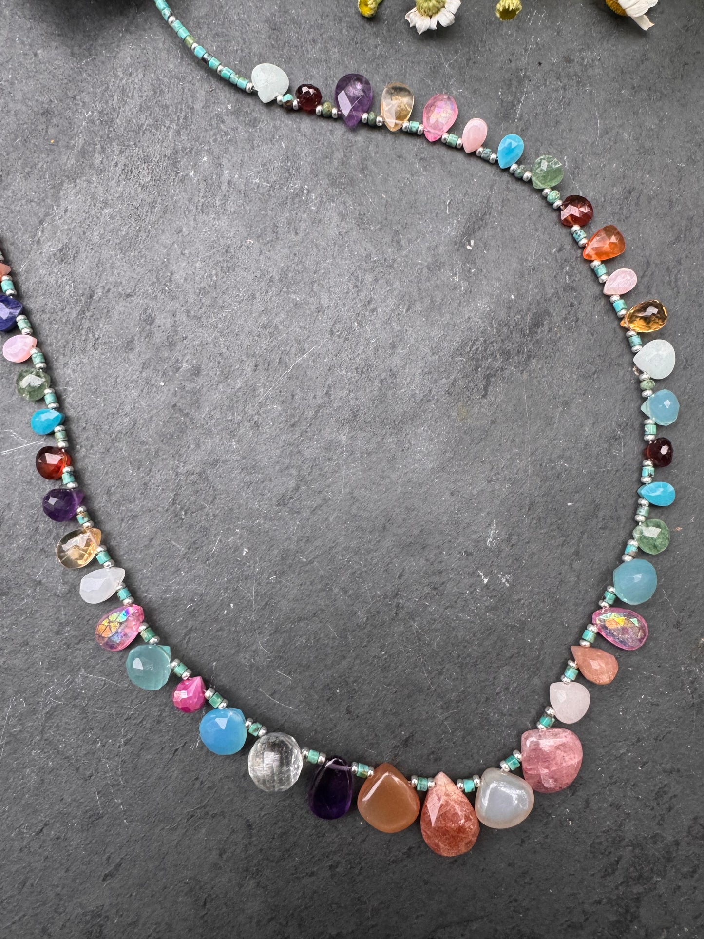 Mixed gemstone teardrop and briolette beads with Hubei Turquoise and silver rhinestone clasp, necklace .