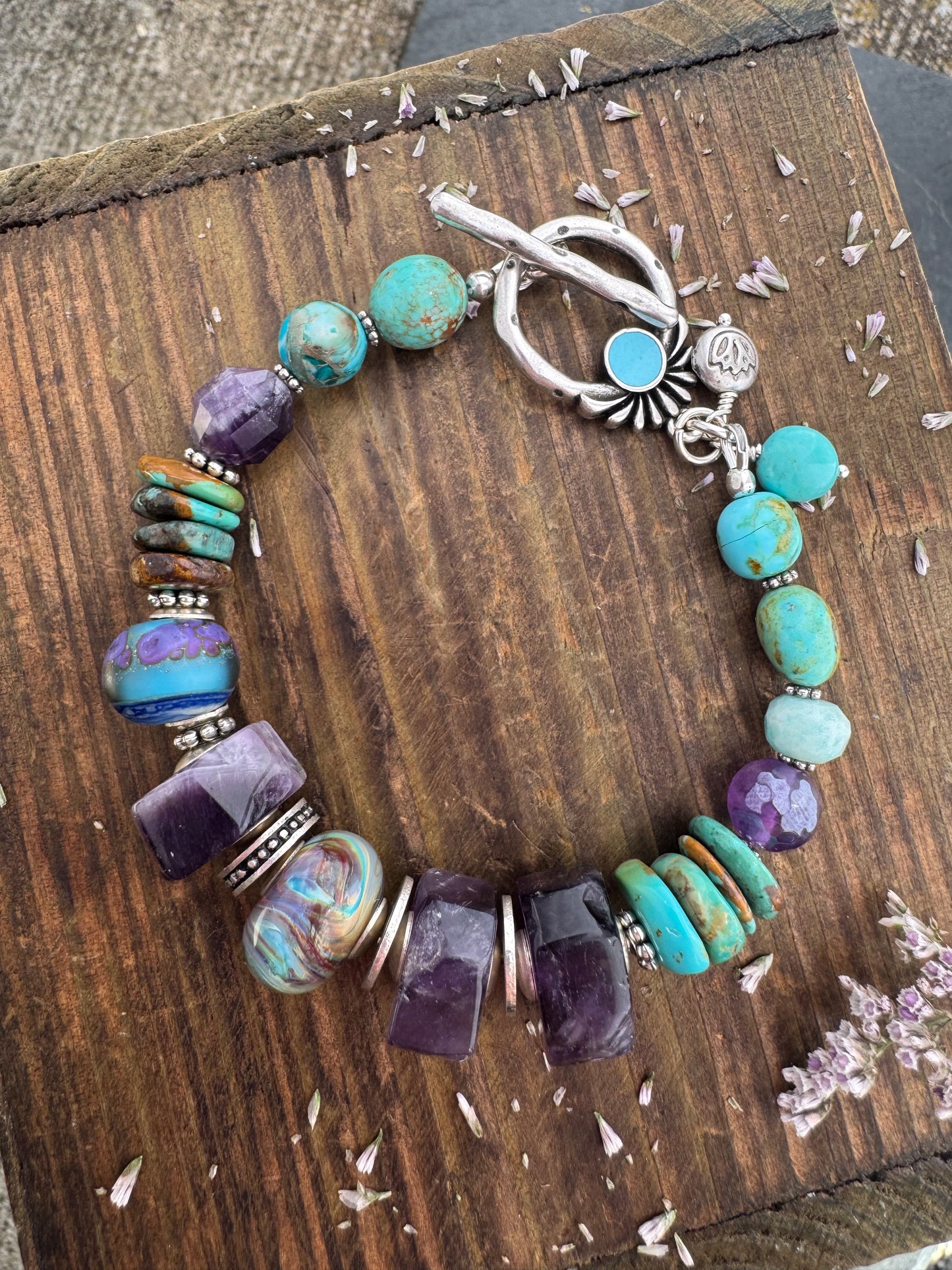 Turquoise kingman, handmade lampwork glass, amethyst, Amazonite, jasper, silver metal, bracelet.