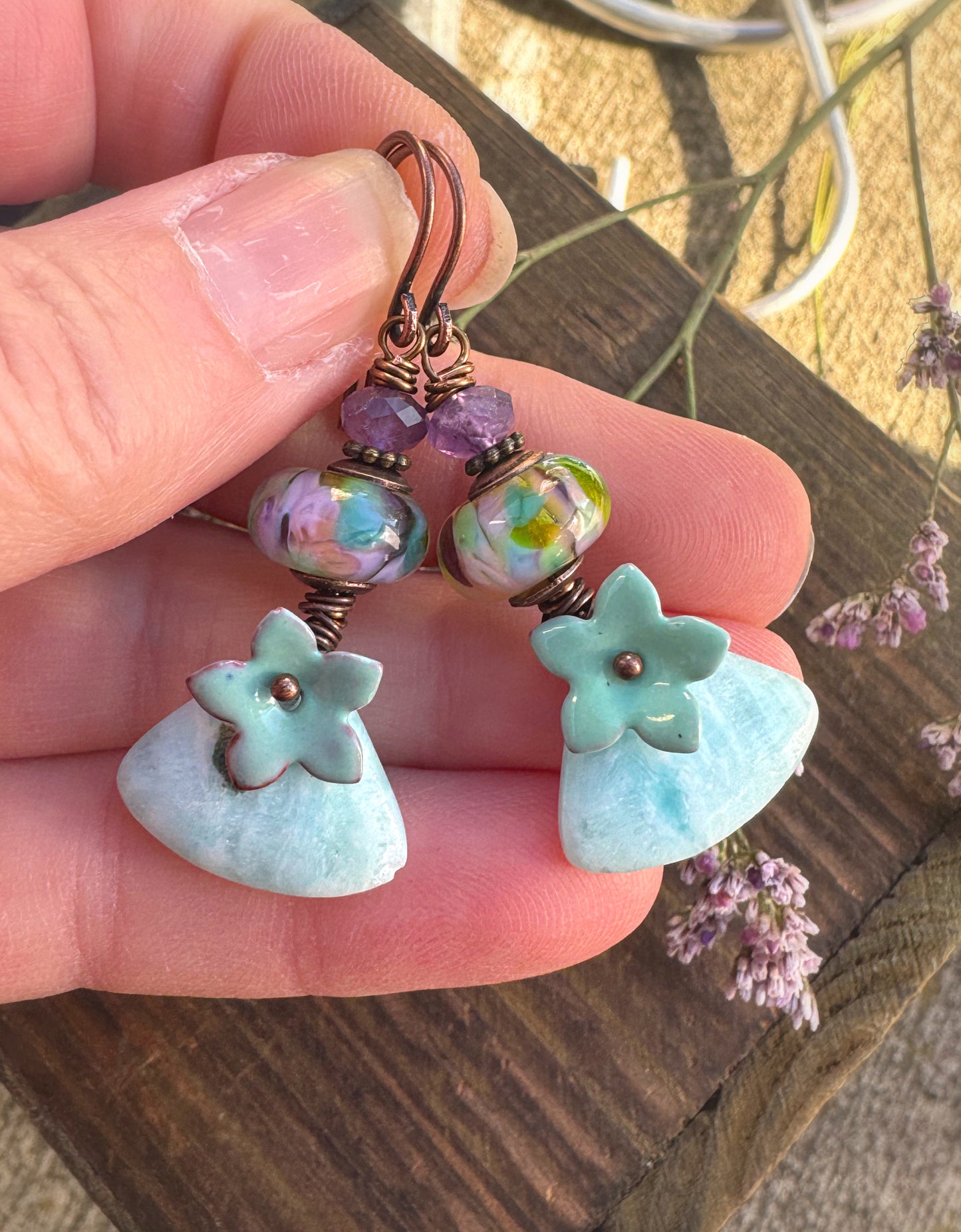 Enamel metal & glass bead caps, handmade lampwork glass, Amazonite stone drops, amethyst stone, copper metal, earrings