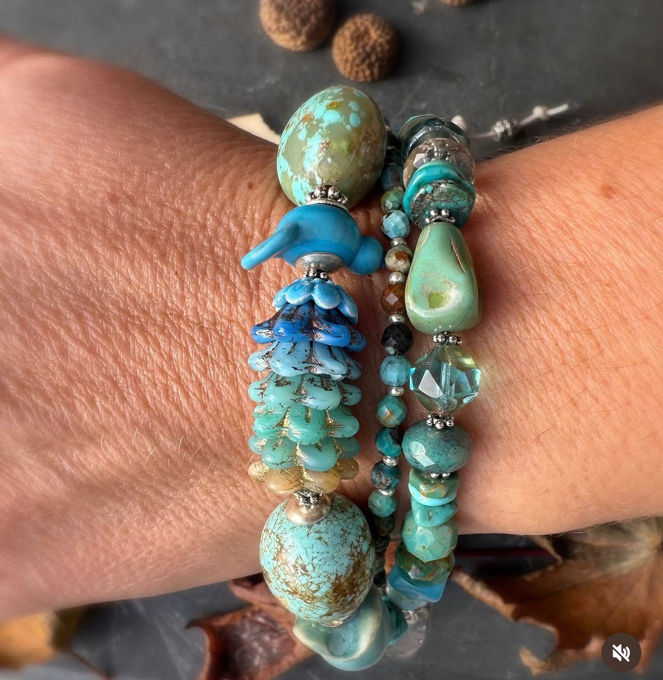 Kingman turquoise, handmade lampwork glass, Czech glass, ceramic, green amethyst, silver metal, button, bracelet