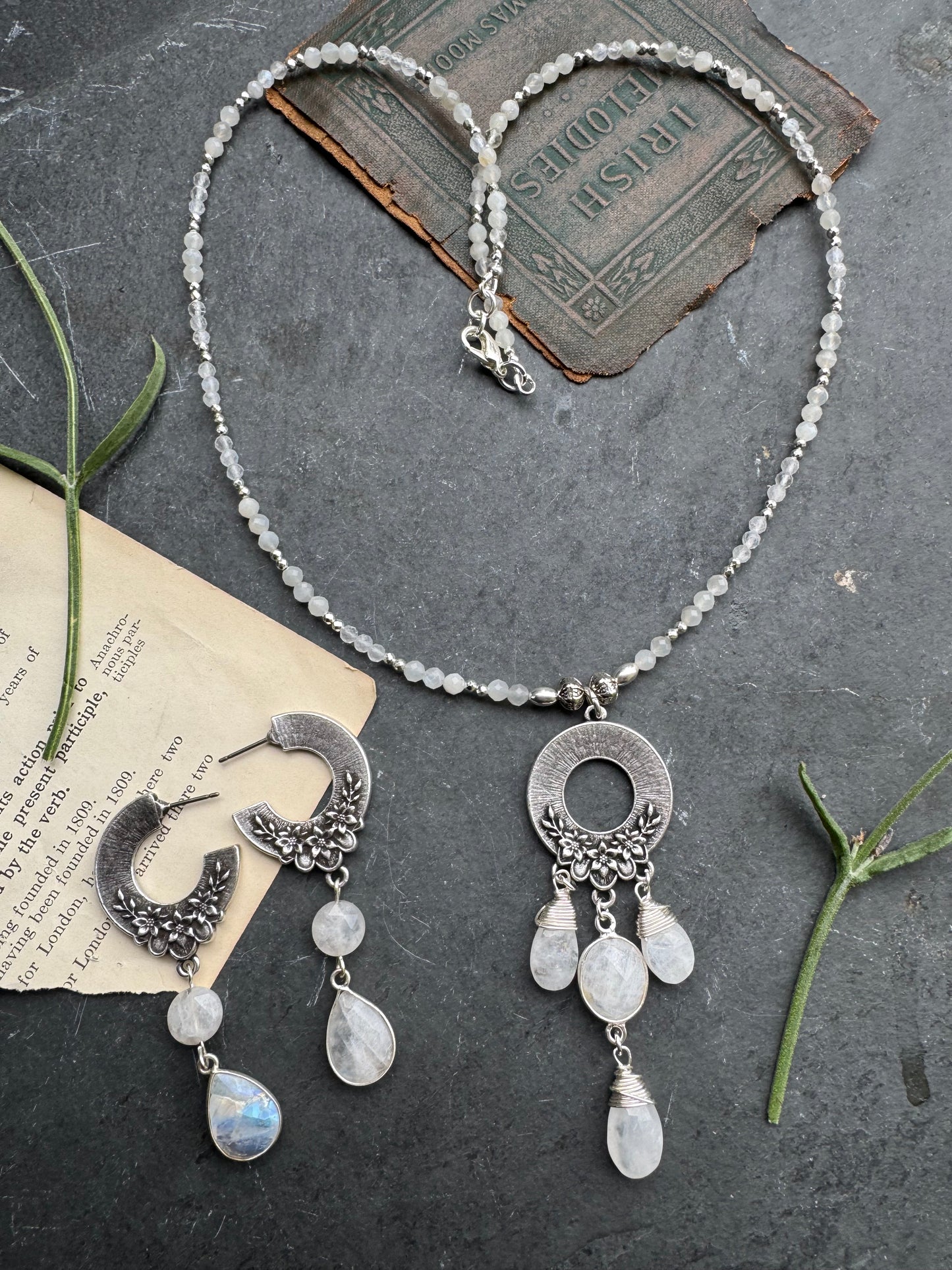Moonstone and Sterling silver, necklace and earrings set