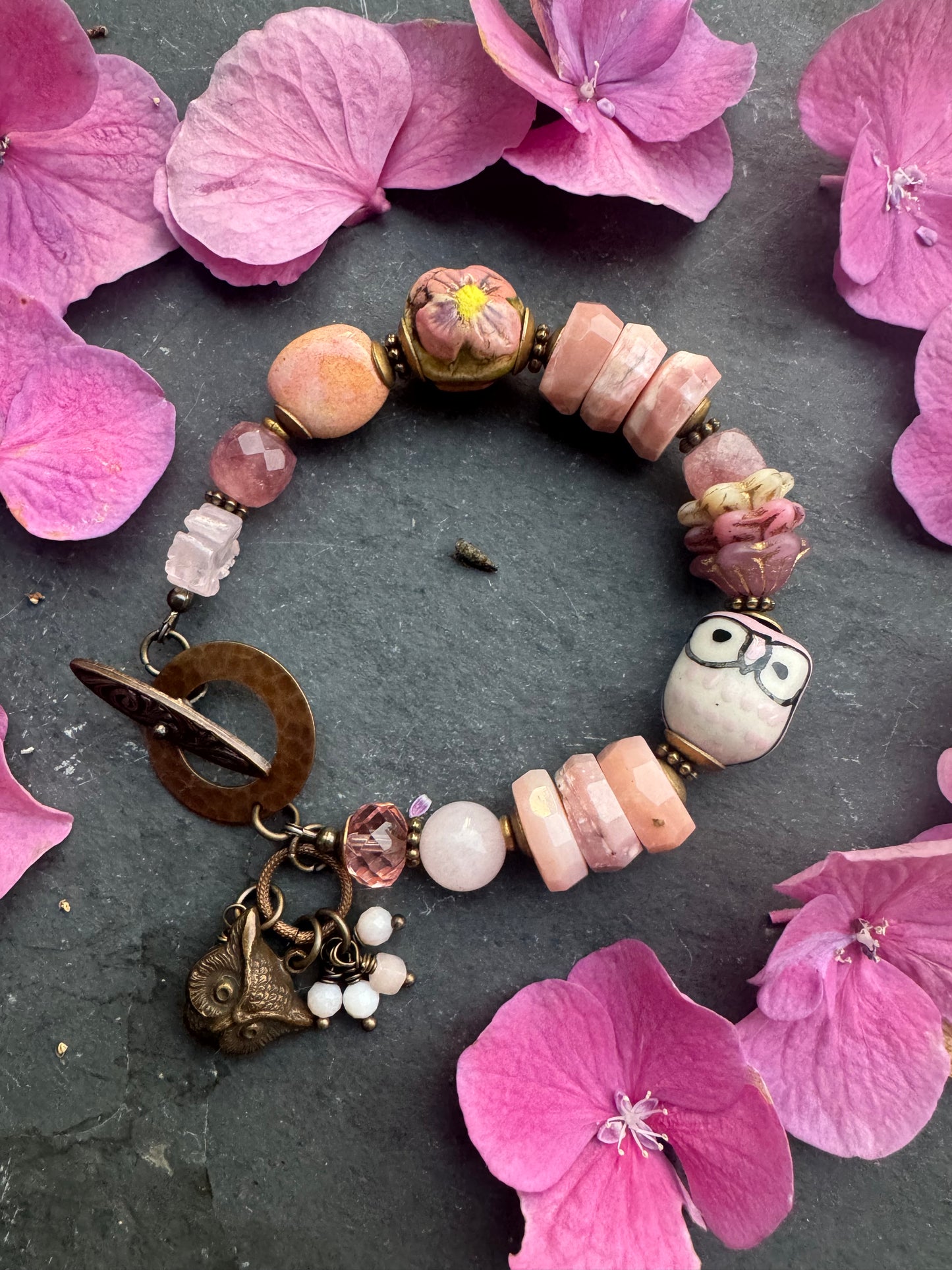 Strawberry quartz, czech glass, lampwork glass, pink opal, ceramic, brass metal.