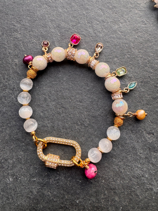 Faceted moonstone, selenite stone, mixed crystal gems, rhinestone clasp, bracelet