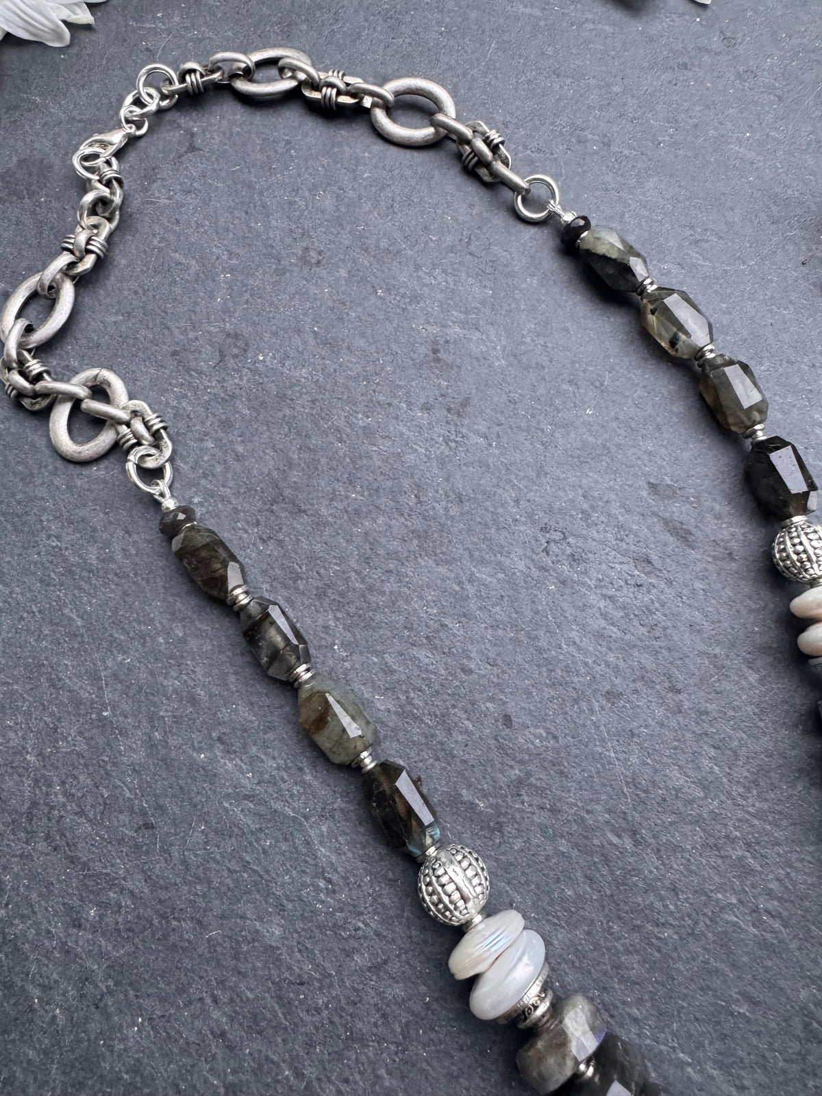 Labradorite, baroque pearl, pewter, silver metal, necklace.