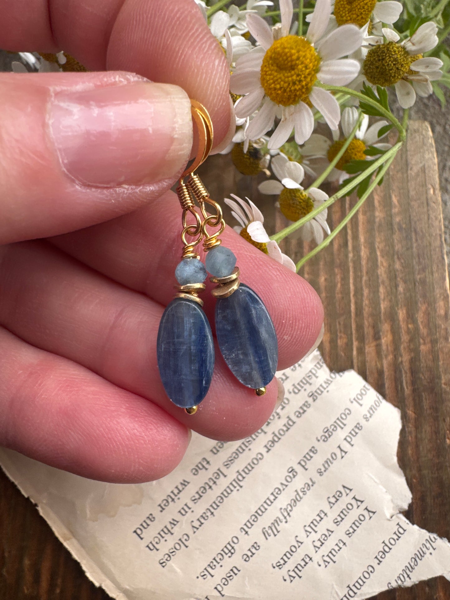 Kyanite stone, gold metal, earrings