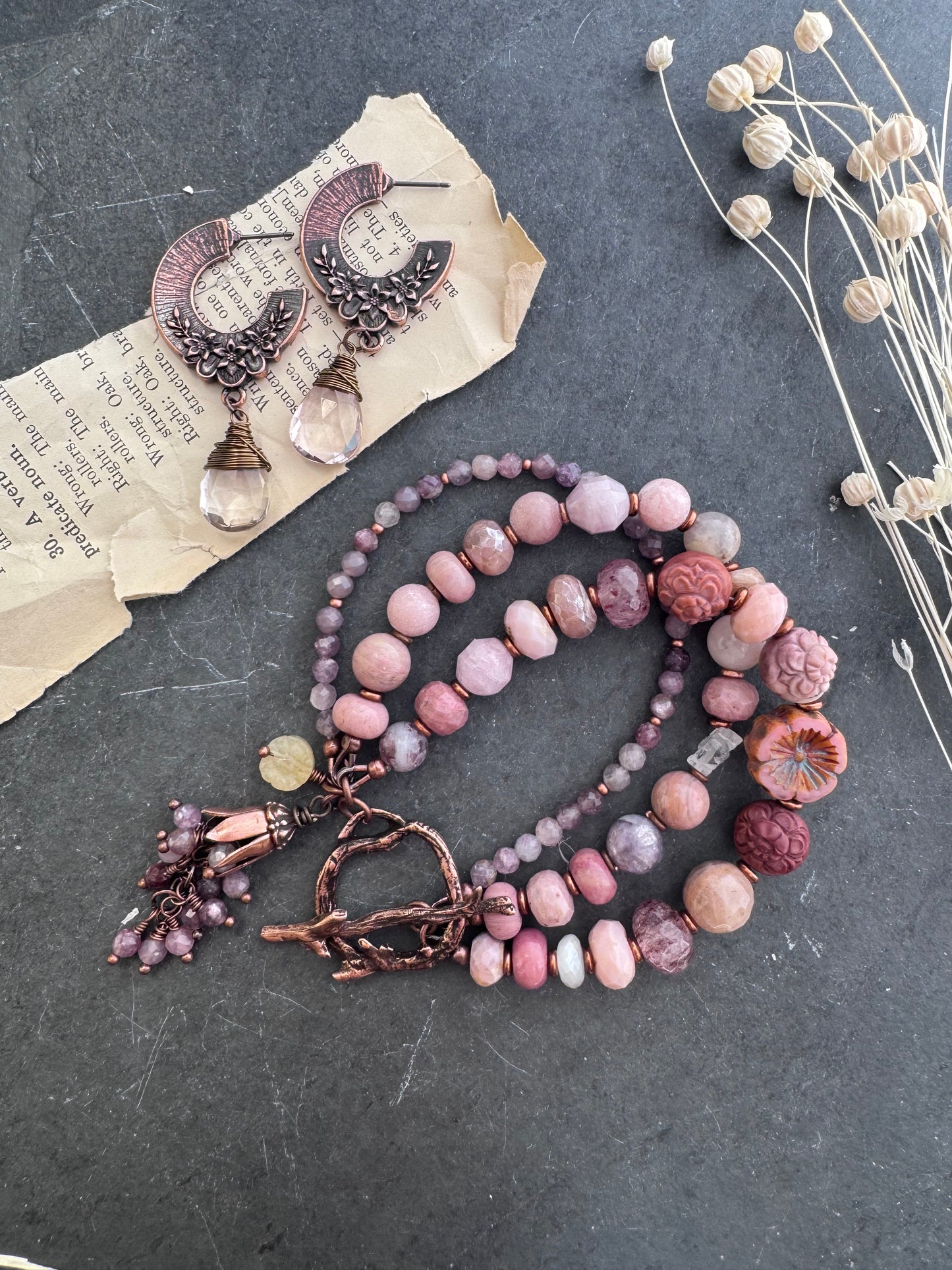 Flower copper metal and pink quartz drop earrings