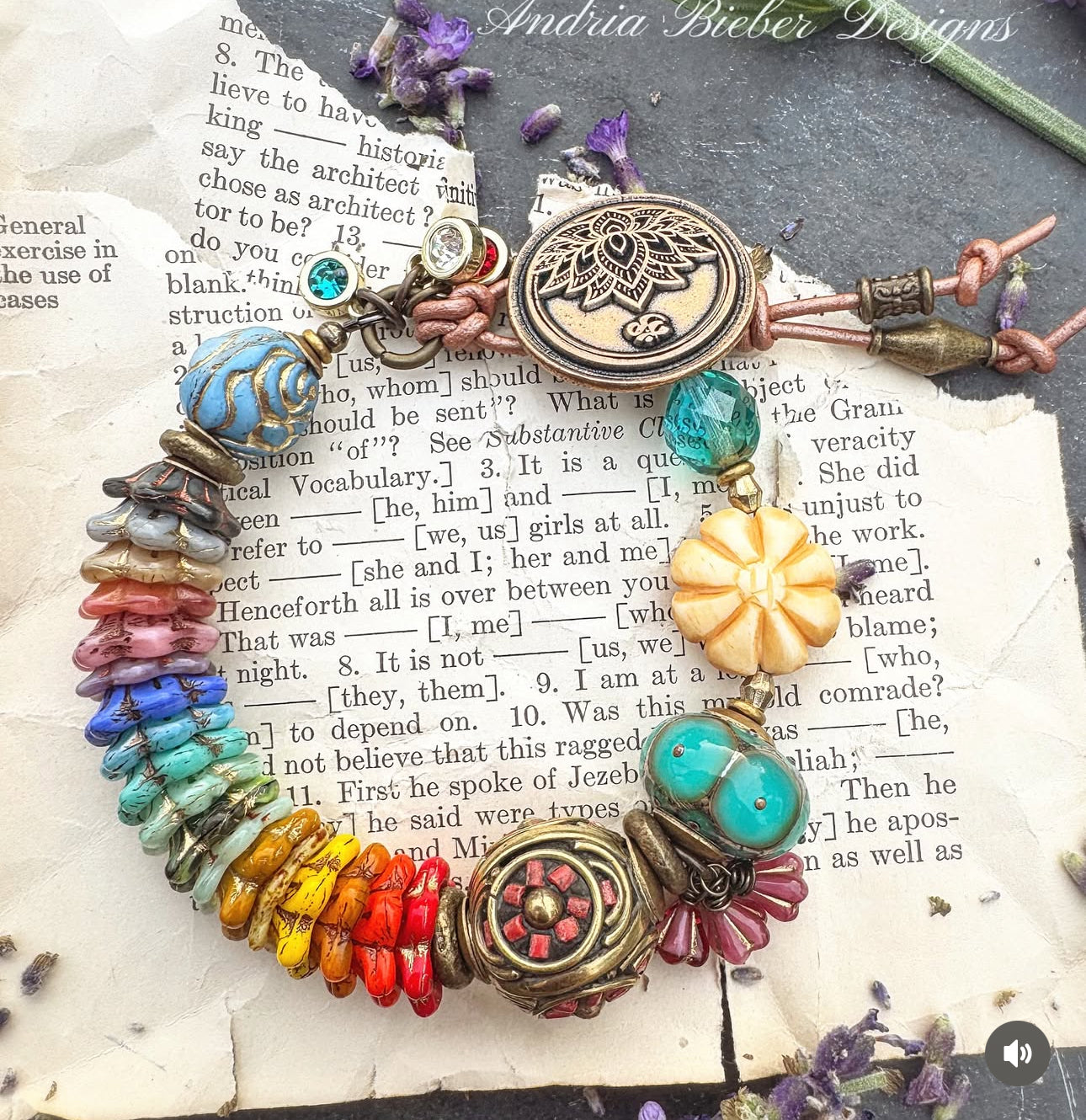 Lotus flower bronze button, Czech glass, Indonesian bead, bone, lampwork glass, African brass, bracelet