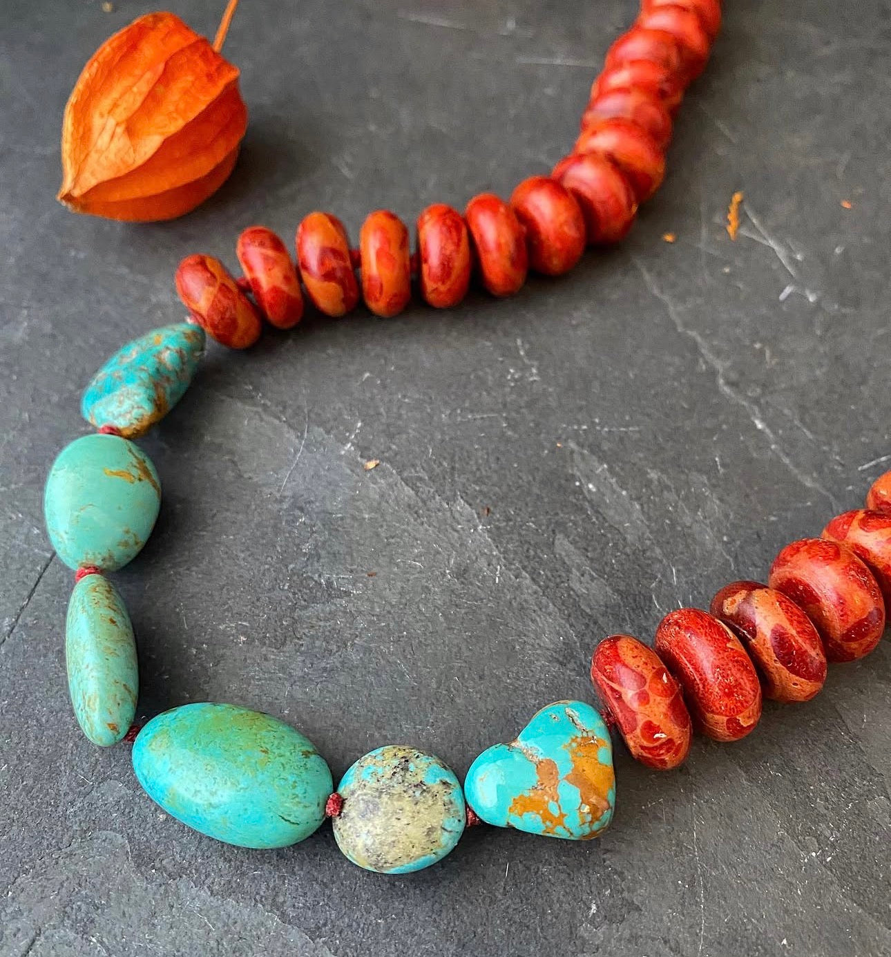 Kingman, turquoise, red sponge coral, knotted, necklace