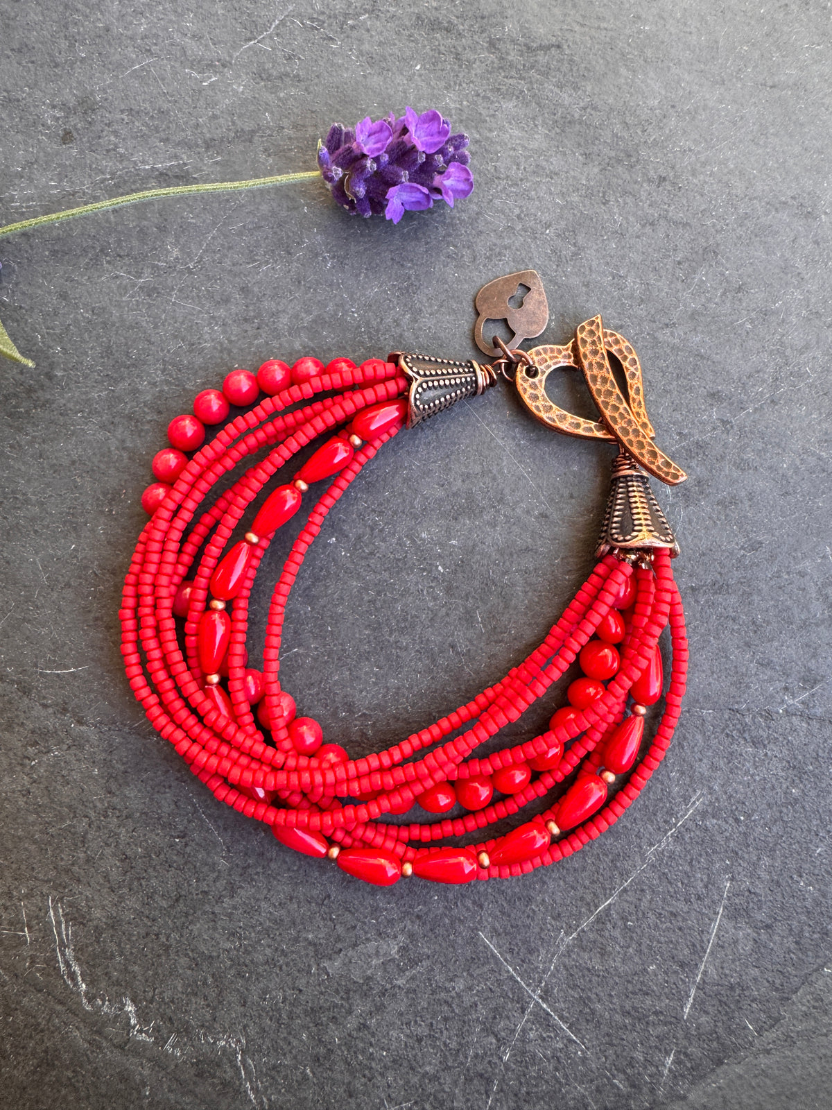 Coral beads, Red glass seed bead, copper metal, bracelet