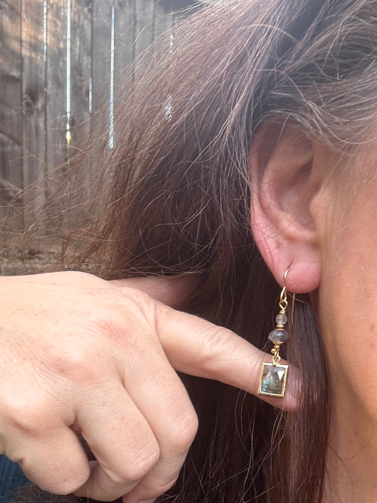 Labradorite stone, gold metal, drop, earrings