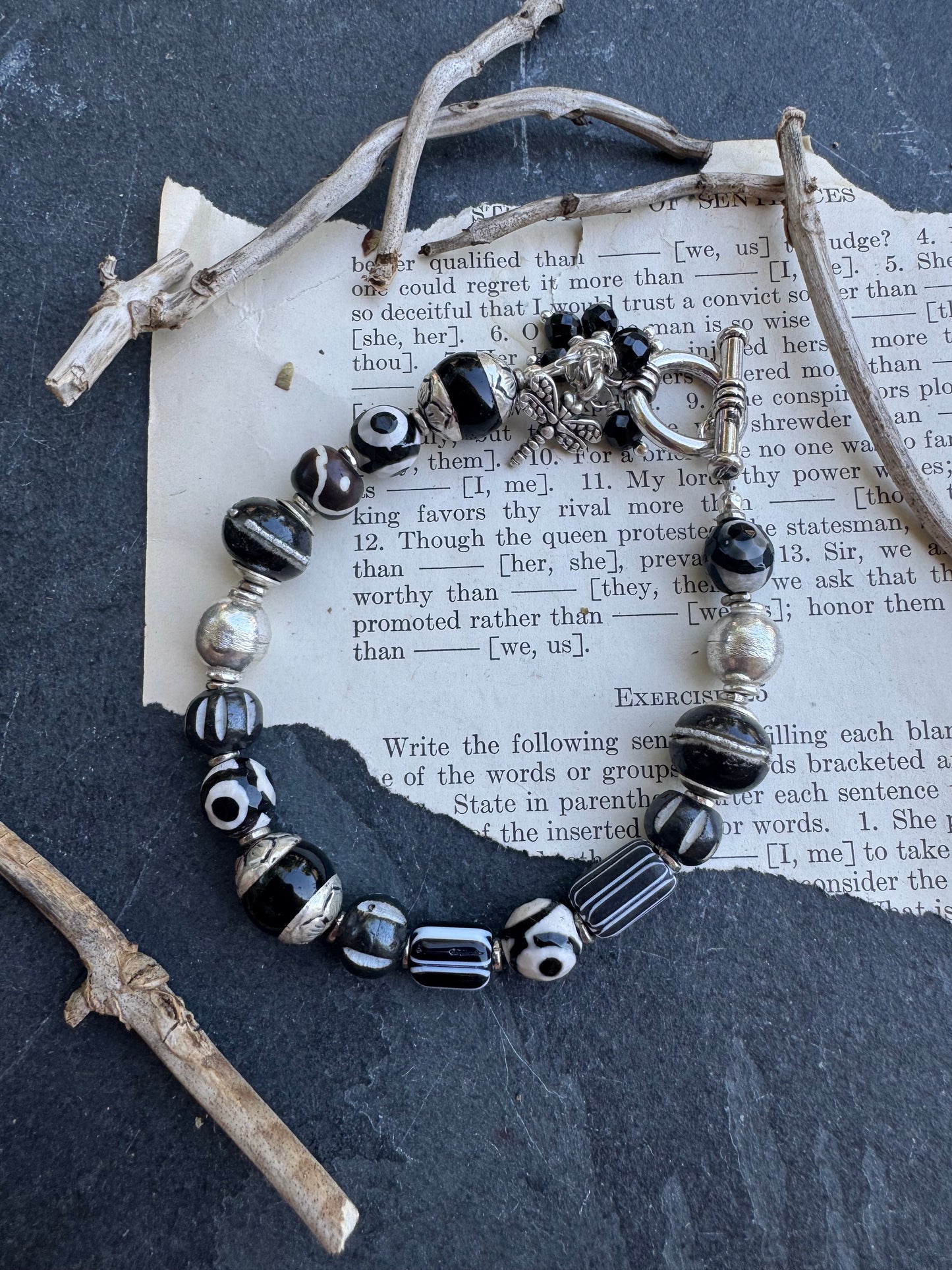 Black and white stone, African beads, wood, and silver metal, bracelet, jewelry