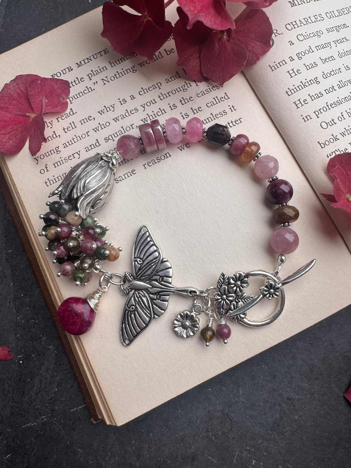 Silver moth. Madagascar rose quartz, pink moonstone, pink Tourmaline, watermelon tourmaline, silver moth, silver metal, bracelet.
