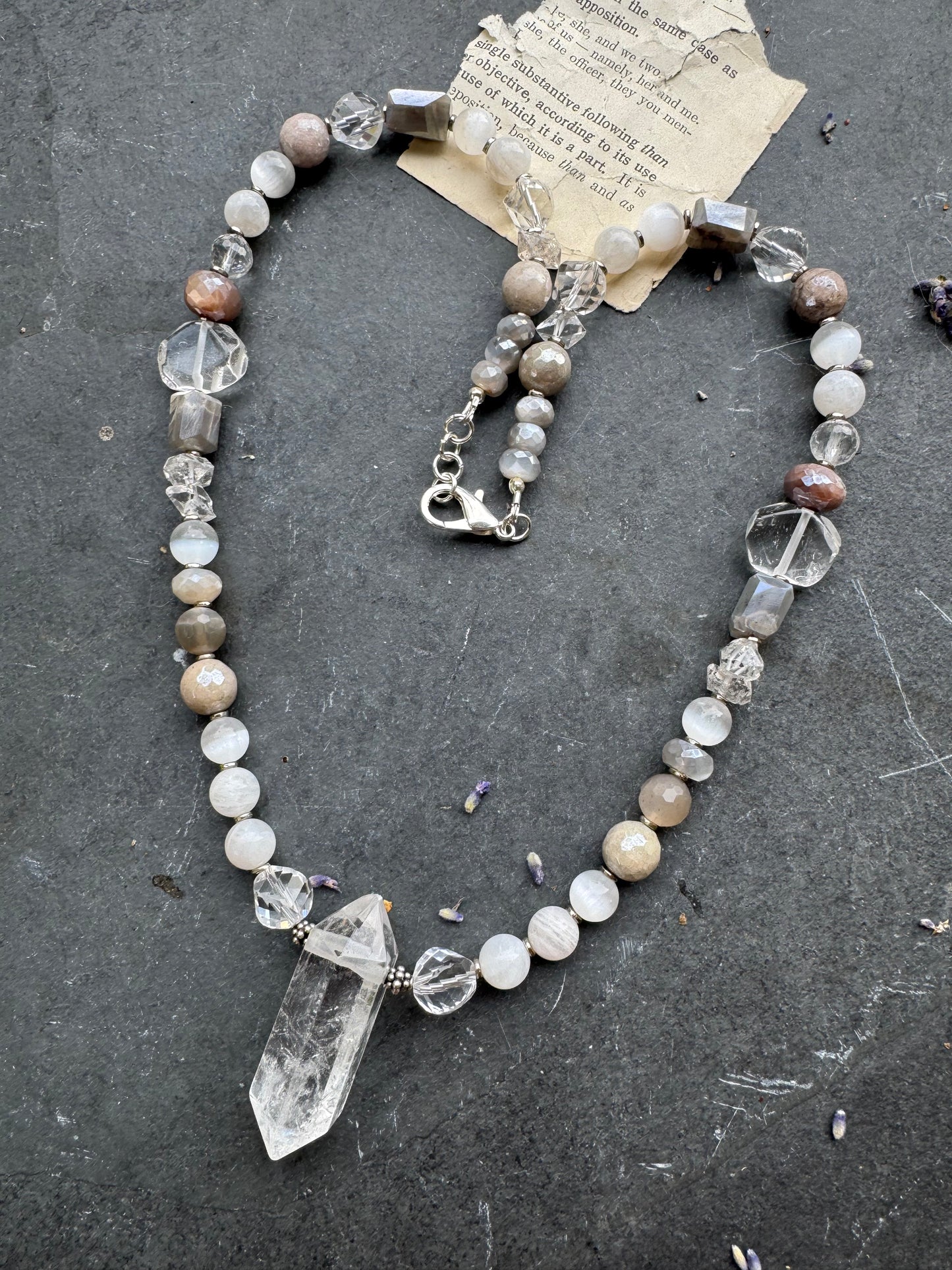 Labradorite stone, clear quartz, moonstone, crystal pendant, sterling silver metal, necklace.
