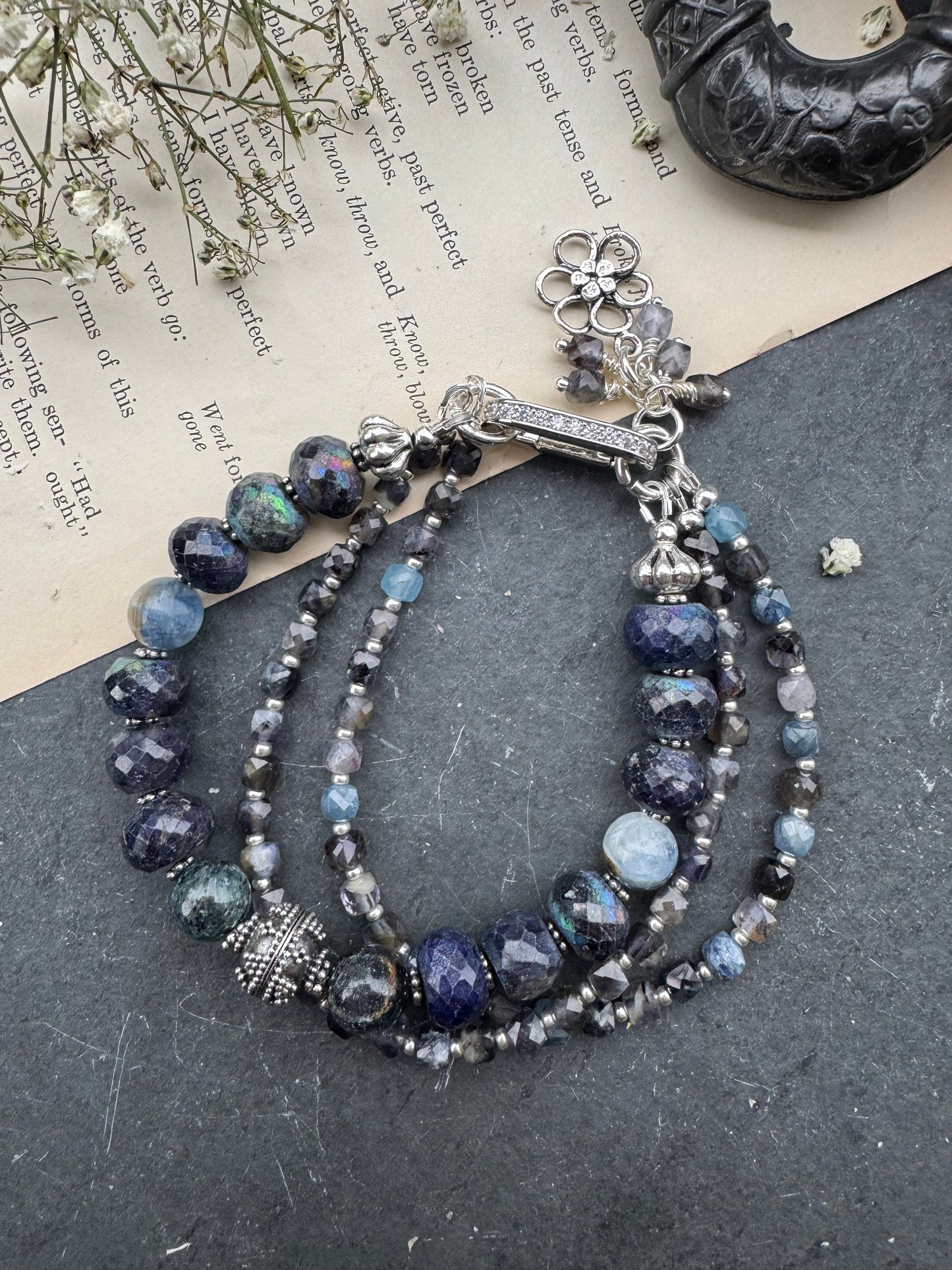 Iolite gemstone, kyanite gemstone and rhinestone, silver clasp, bracelet