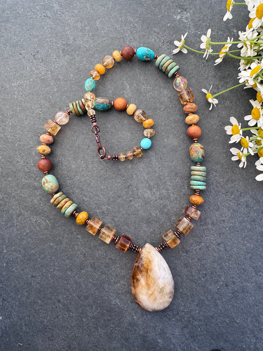 Turquoise, citrine, agate, copper metal, necklace