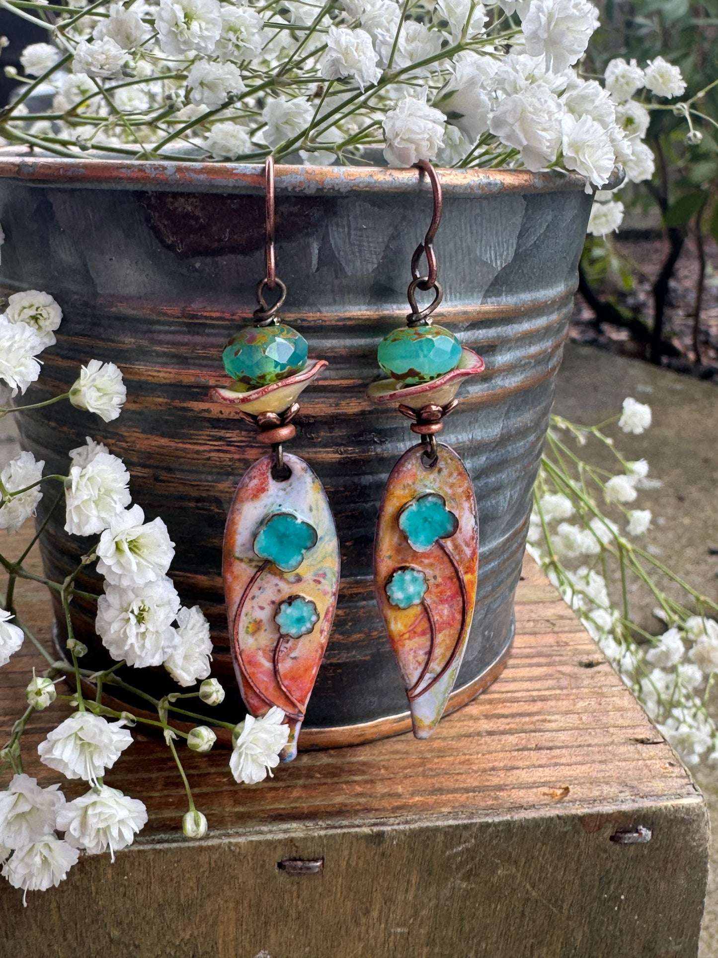 Enamel floral charms, enamel bead caps, copper metal, Czech glass, earrings
