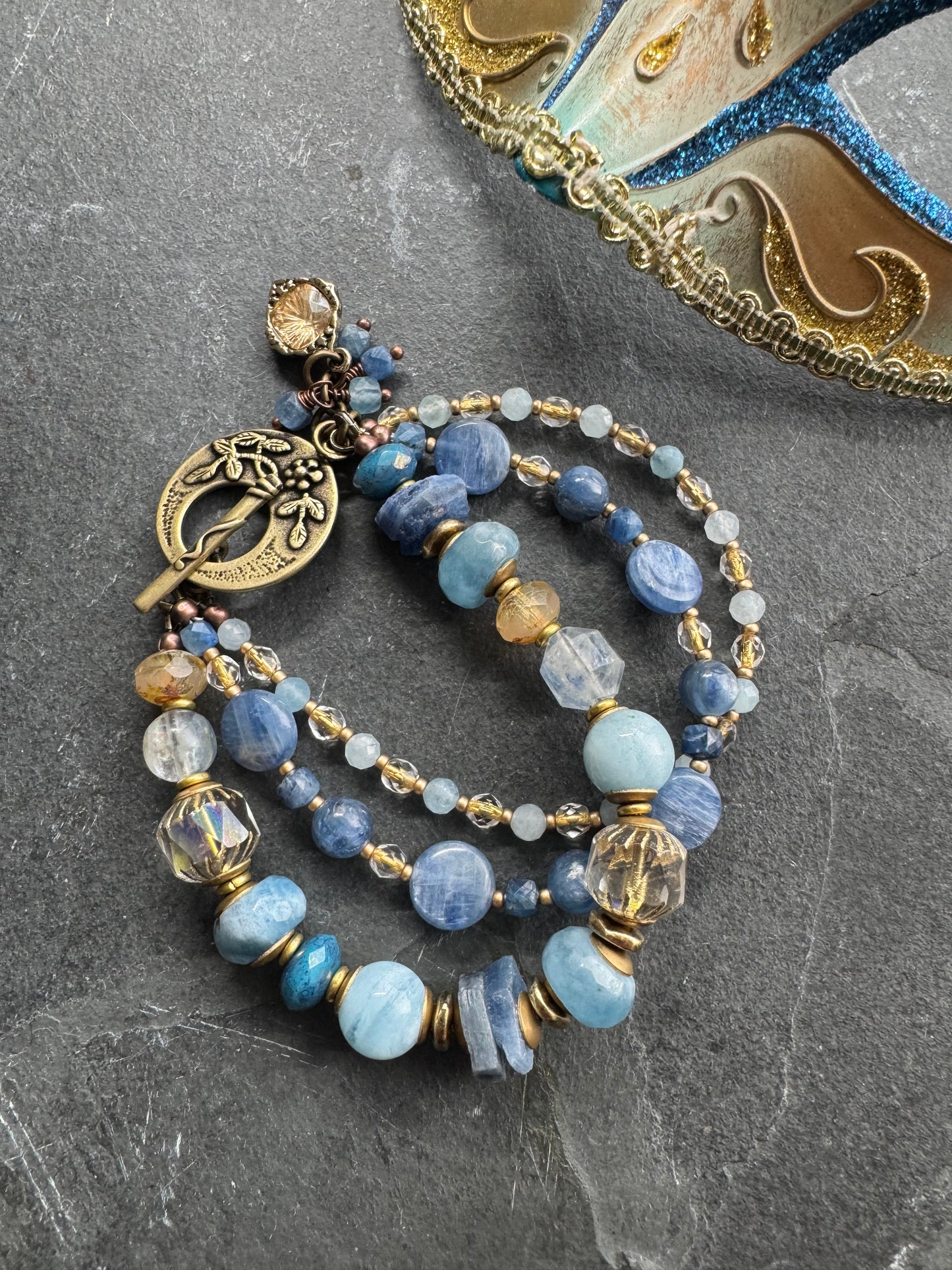 Kyanite, aquamarine stone, czech glass, brass, bracelet.