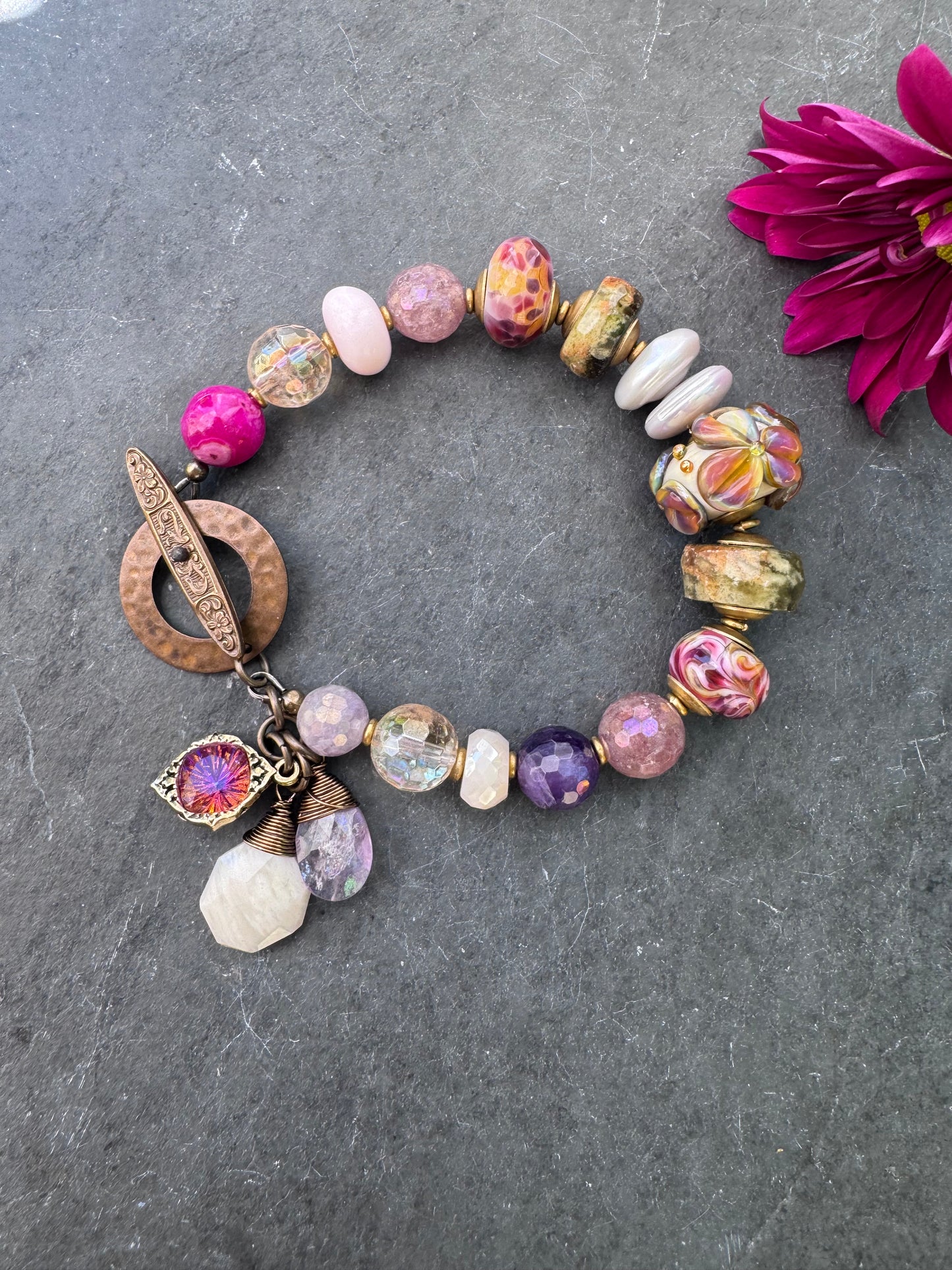 Sunset. lampwork glass, green garnet, amethyst, citrine, strawberry quartz, moonstone, pink opal, pearls, bracelet.