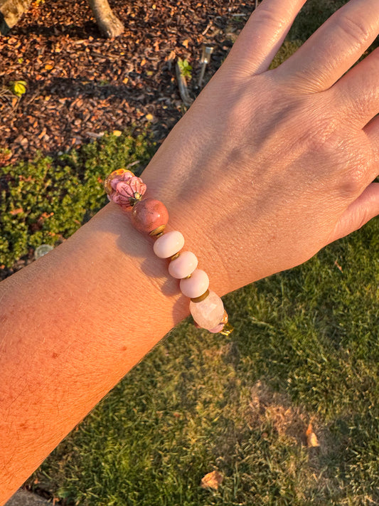 Rose quartz, pink opal, Czech glass, lampwork glass, strawberry quartz, ceramic bead, gold metal, bracelet