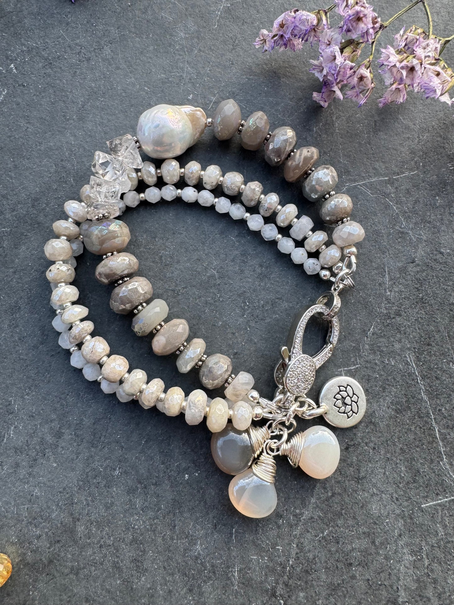 Moonstone, baroque pearl, Herkimer diamonds and rhinestone silver clasp, bracelet