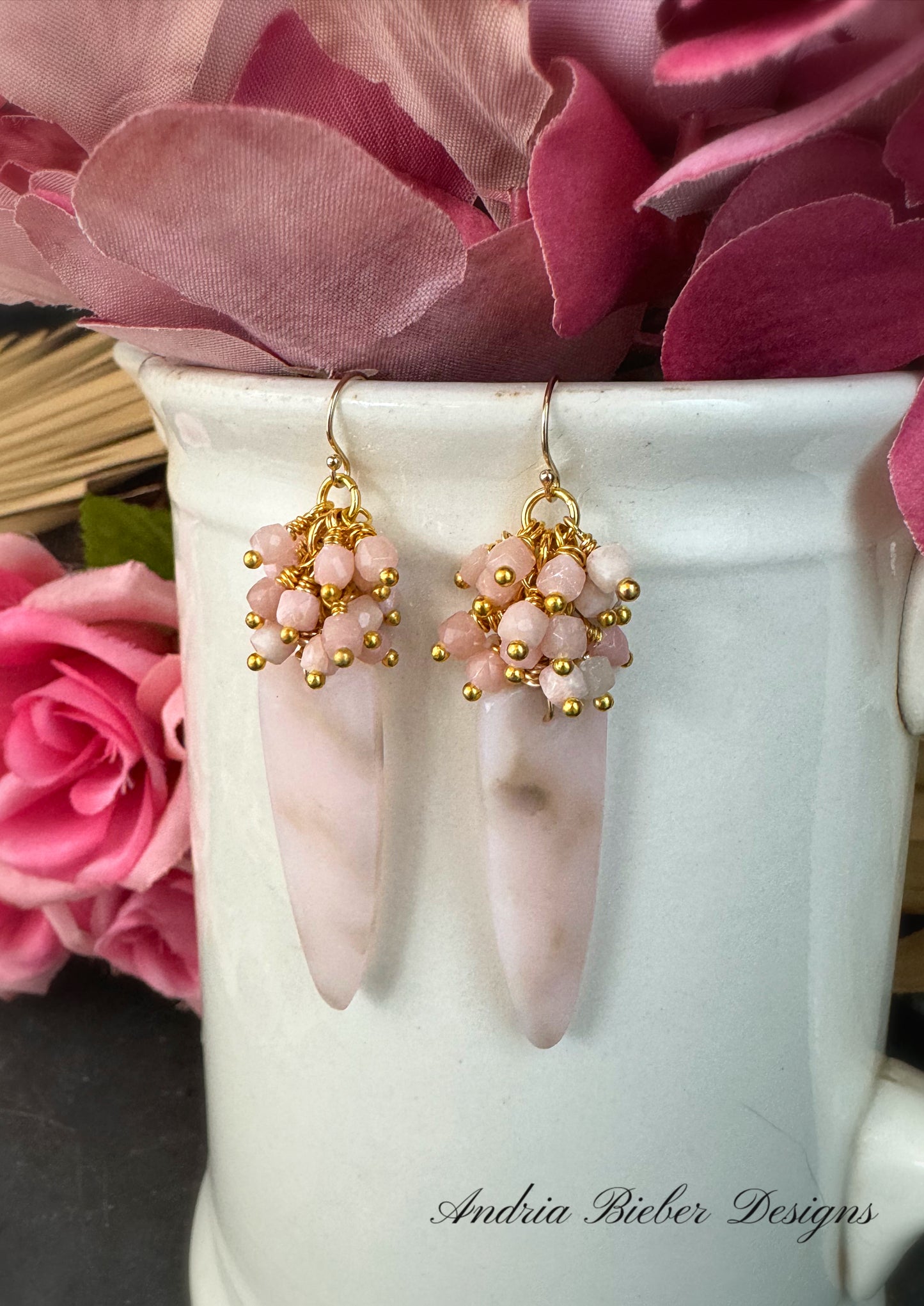Pink opal stone, 10k gold metal, earrings