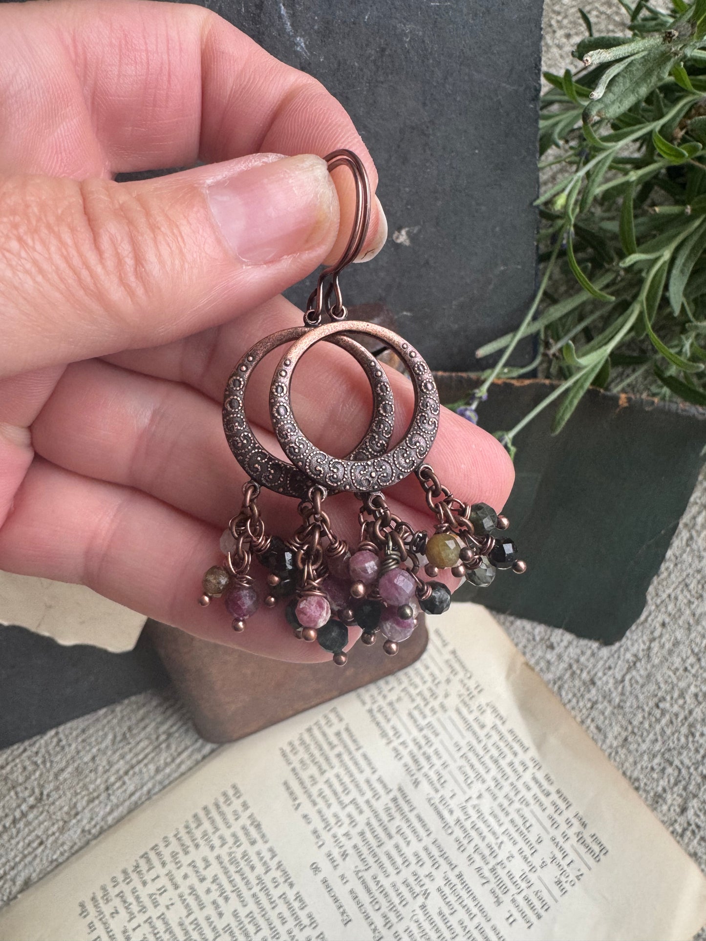 copper detailed charms, watermelon tourmaline stone, copper earrings