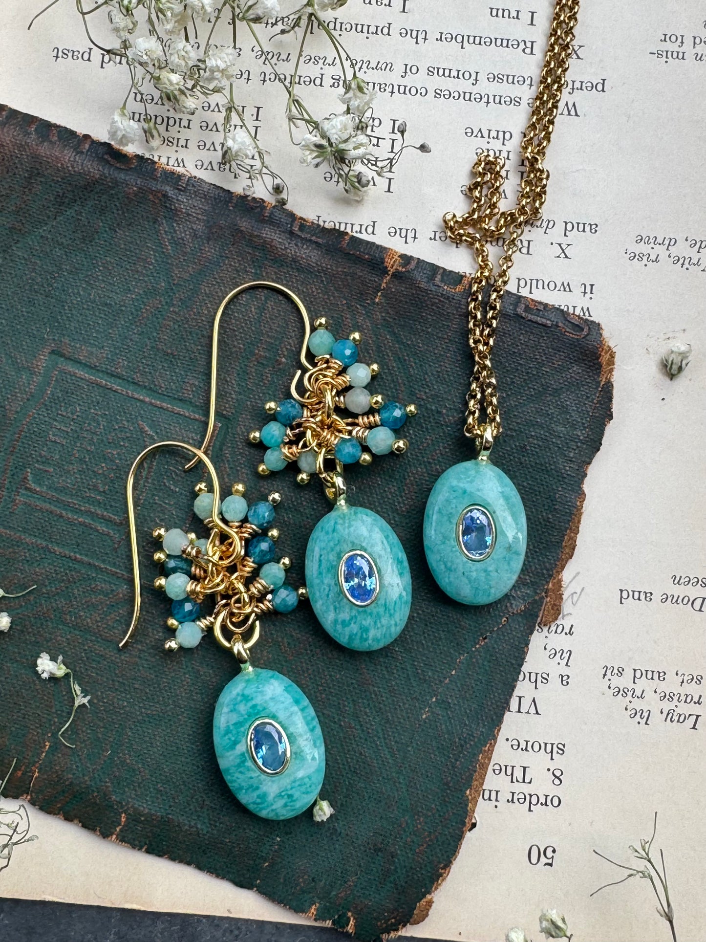 Amazonite, apatite, crystal, gold metal, drop earrings